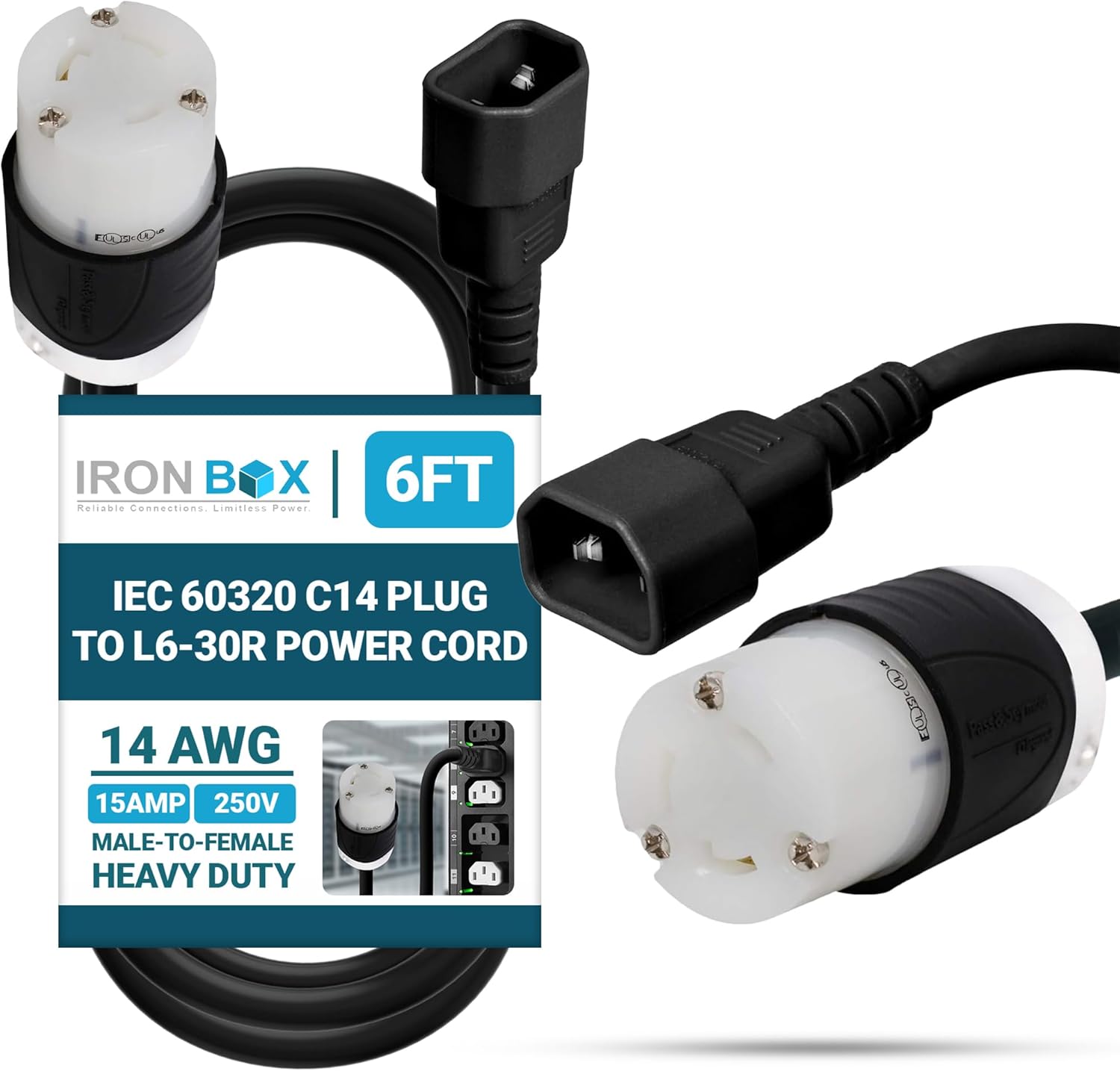 IronBox Electric - IEC 60320 C14 Plug to L6-30R Connector Power Cord - Rated for 15A/250V/14 AWG - Cable for Server Racks or Data Centers - Ideal for Industrial & Commercial Applications (6 Feet)
