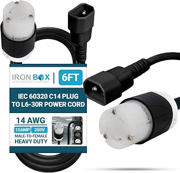 IronBox Electric - IEC 60320 C14 Plug to L6-30R Connector Power Cord - Rated for 15A/250V/14 AWG - Cable for Server Racks or Data Centers - Ideal for Industrial & Commercial Applications 6 Feet