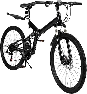 26 Inch Folding Mountain Bike, 21 Speed Full Suspension Bike, MTB Bicycle, All Terrain Folding Bicycle, Carbon Steel Foldable Frame, with Dual Disc Brakes, Mudguard, for Adults and Teens