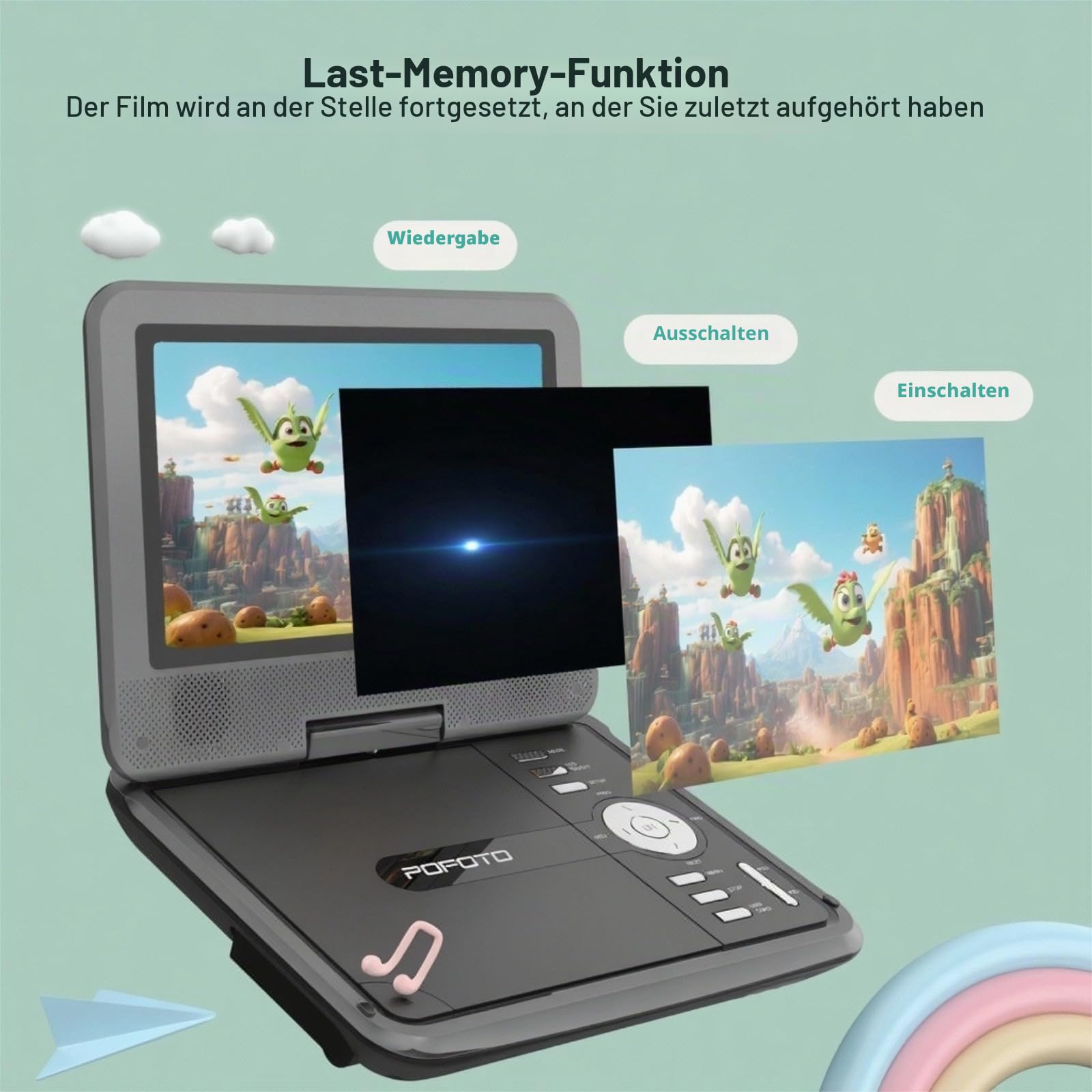 POFOTO 9,5" Tragbarer DVD Player mit 7,5" HD-Schwenkbaren Bildschirm, 4-6 Stunden Akkulaufzeit, DVD Player Auto mit Dual-Lautsprechern, Autoladegerät, Netzteil, Sync TV/USB/SD-Karte (Grau-schwarz)