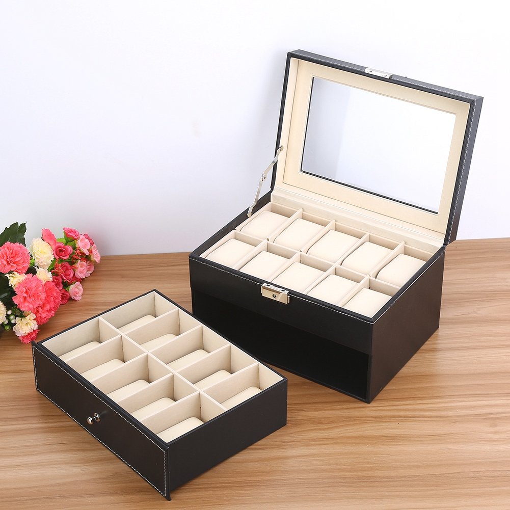 lyrlody Caja de Reloj de Cuero de 20 Rejillas, Vitrina, Organizador de Colección de Joyas, Caja de Reloj, Caja de Cuero para Reloj, Caja para Guardar Relojes de Pulsera