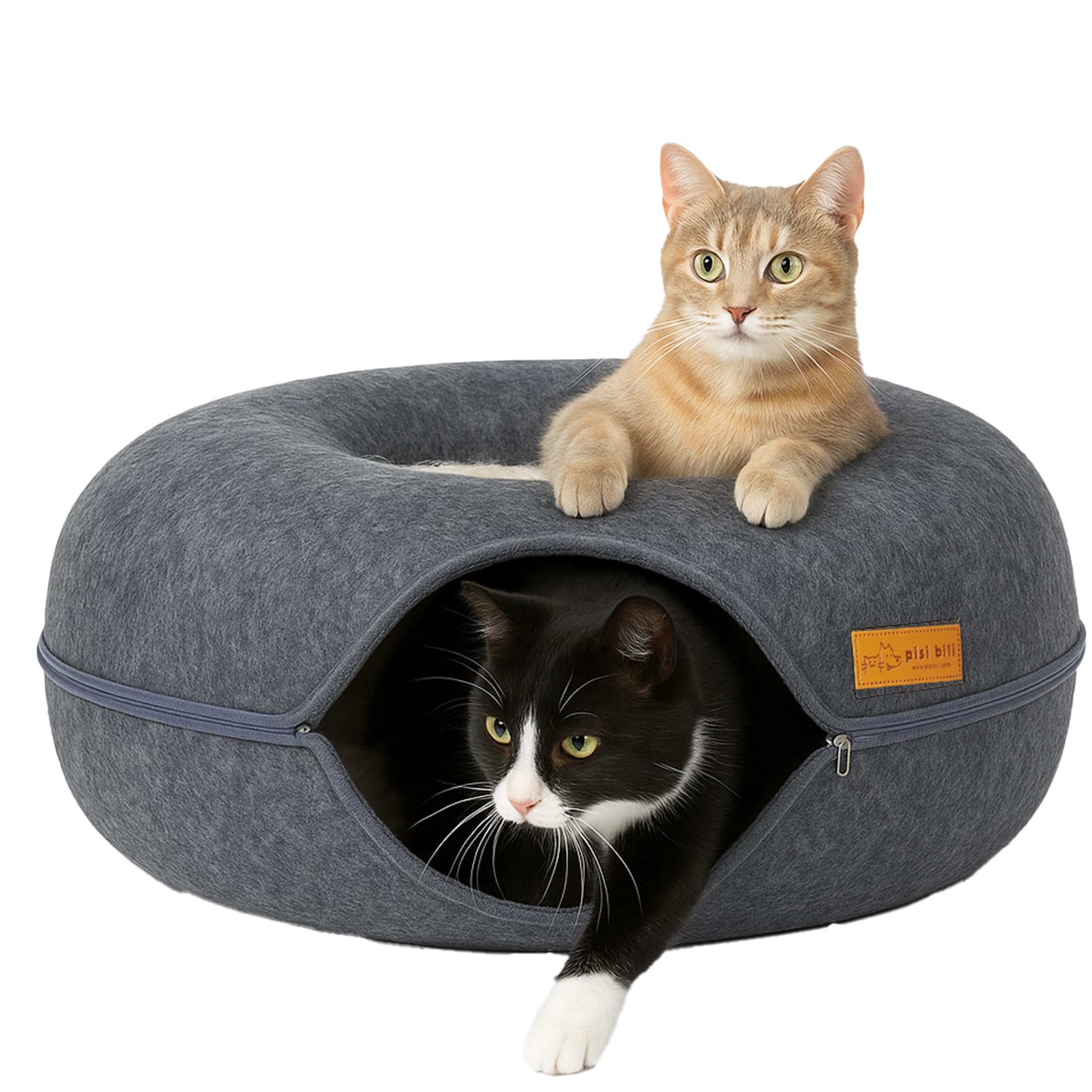 Katzentunnel aus Filz, Rundes Katzenbett & Katzenhöhle 50/60 cm – Katzendonut in Grau & Anthrazit, Katzenbett Spieltunnel für Katzen