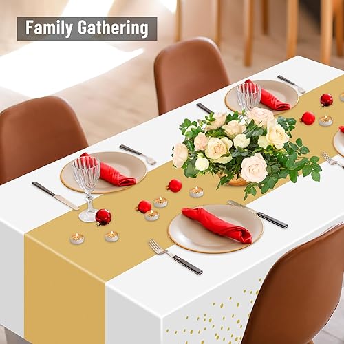 Miniatura 5 de PLULON Juego de 12 manteles de plástico y camino de mesa de satén, mantel rectangular de lunares blancos y rosas, camino de mesa de satén dorado