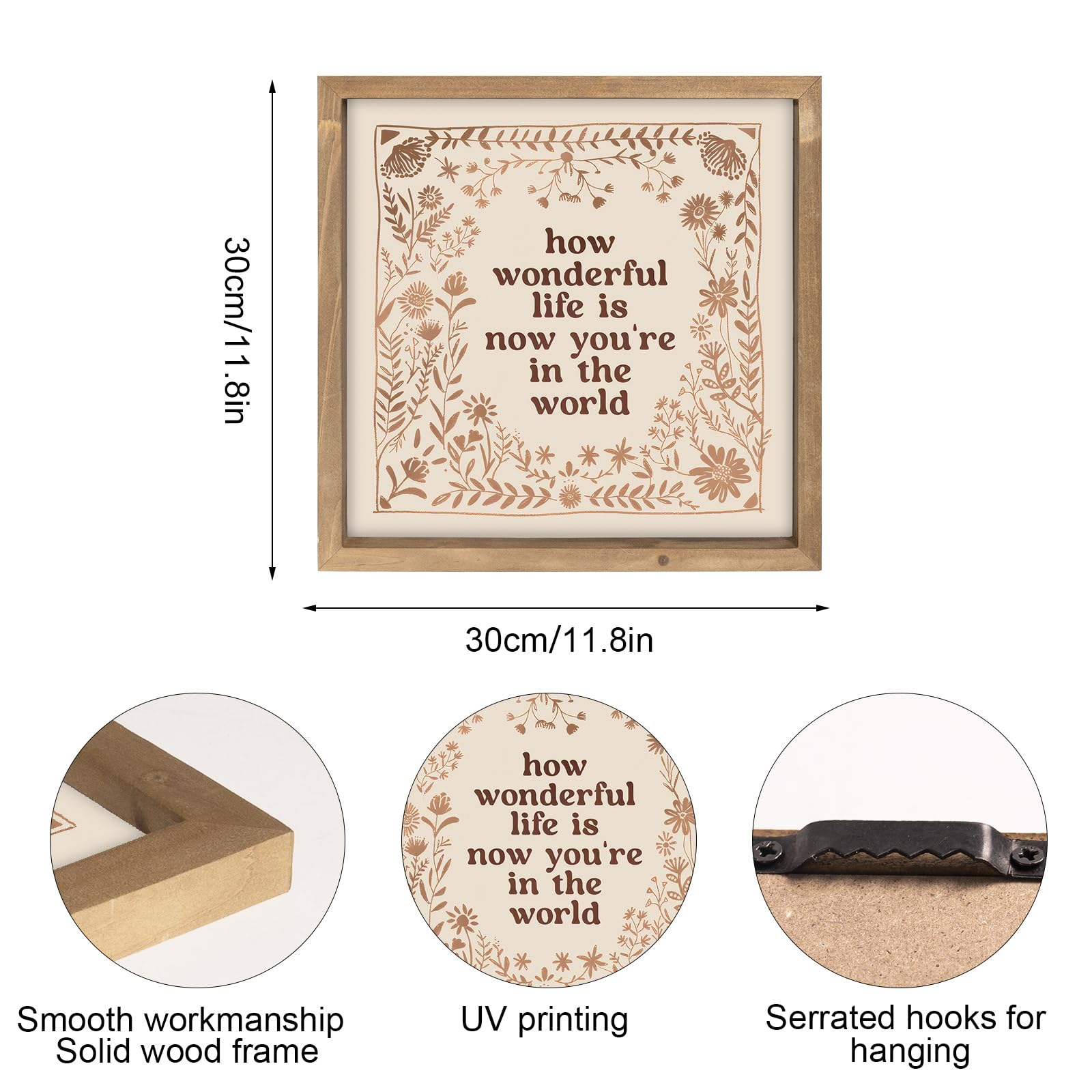 Pechpell Wooden Nursery Sign - 'How Wonderful Life Is Now You're In The World', Rustic Floral Wall Art, 11.8 Inches