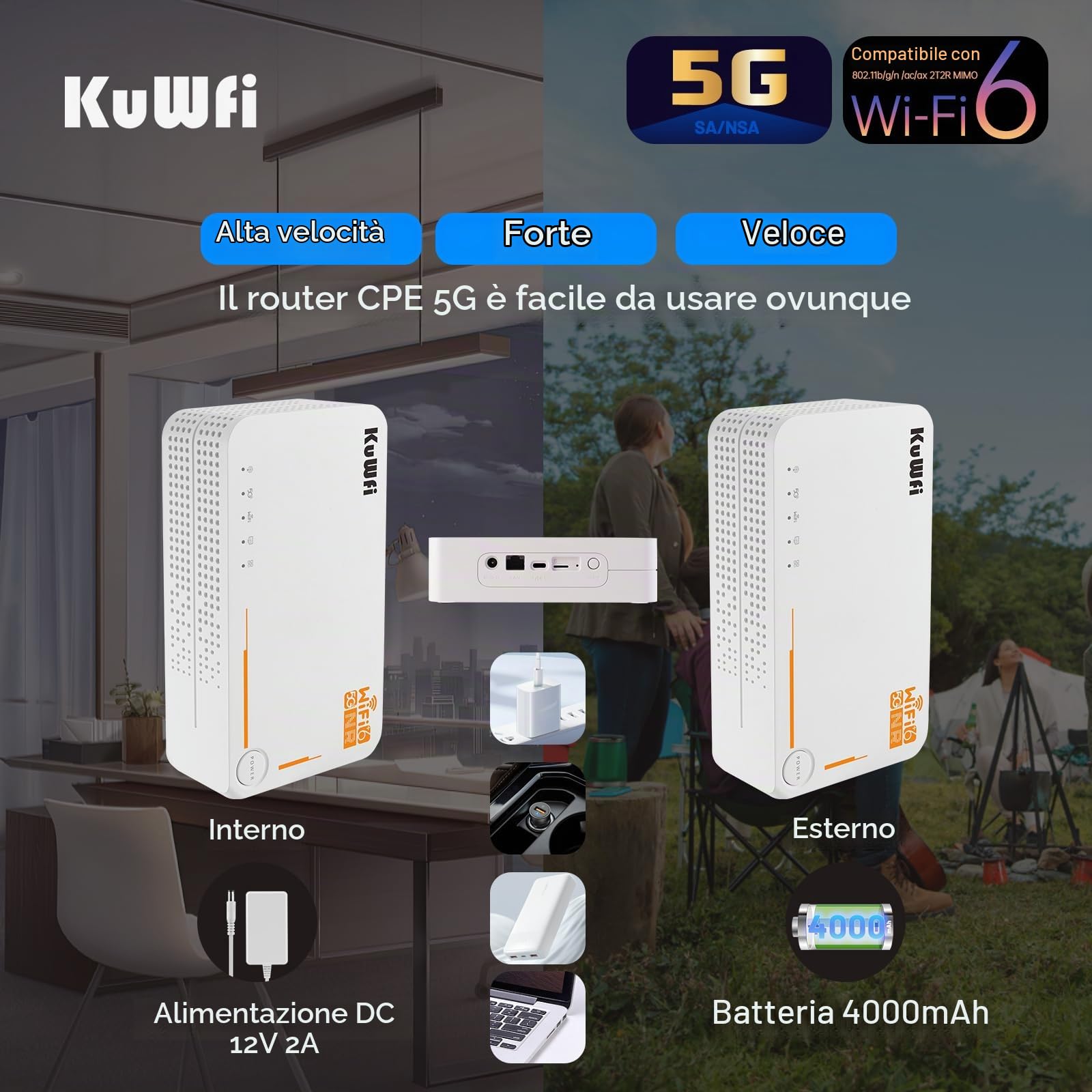 KuWFi 5G Router WiFi Con SIM, 4G/5G SA/NSA Router WiFi6, AX3600 Modem 5G SIM supporta fino a 4,6 Gbps, batteria 4000Mah, 6 antenne interne, cellulare Wireless Support fino a 32 dispositiv(Senza eSIM)