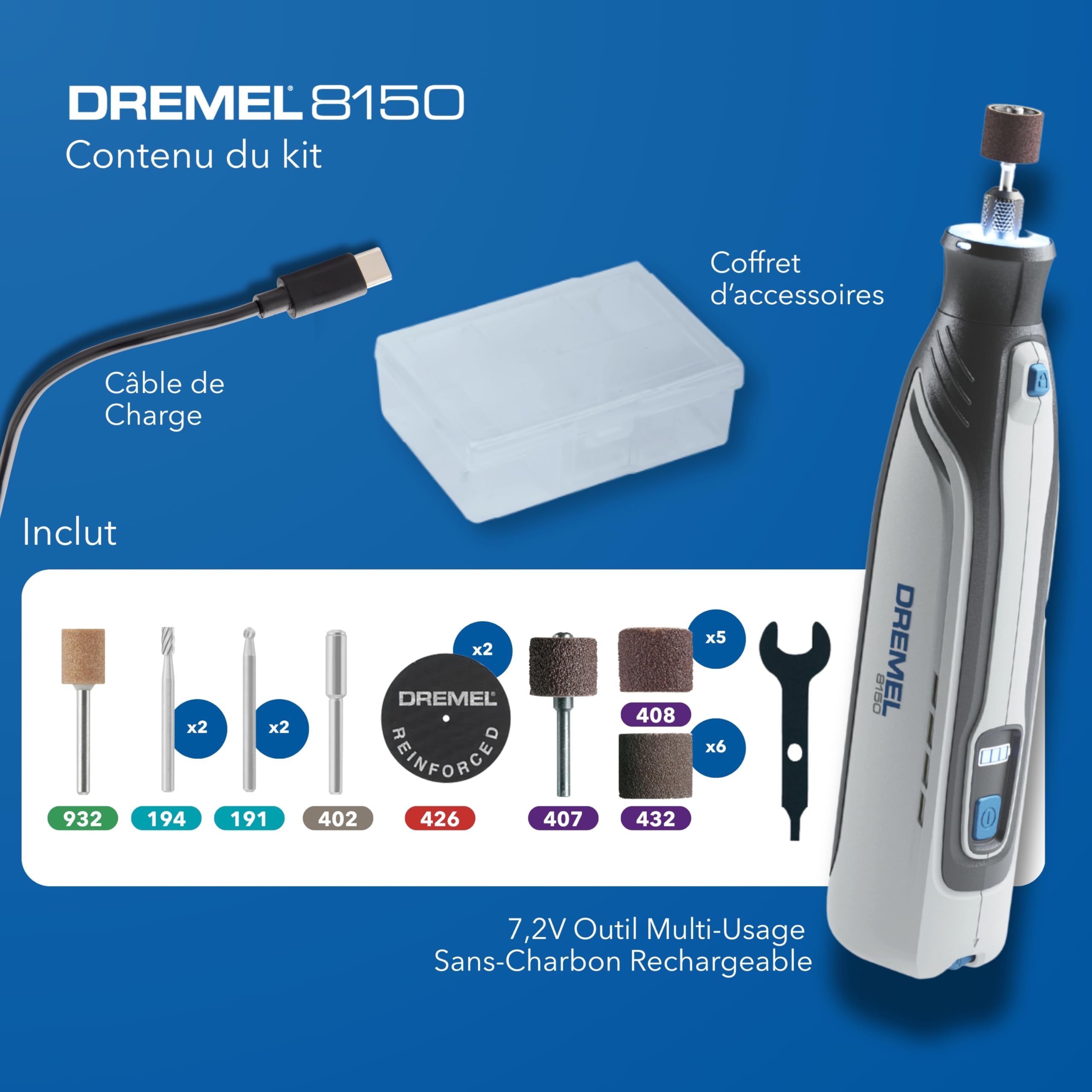 Dremel 8150 outil multi-usage sans-charbon 7,2 V batterie rechargeable USB-C 2 Ah 20 accessoires vitesse variable 5.000-30.000 tr/min