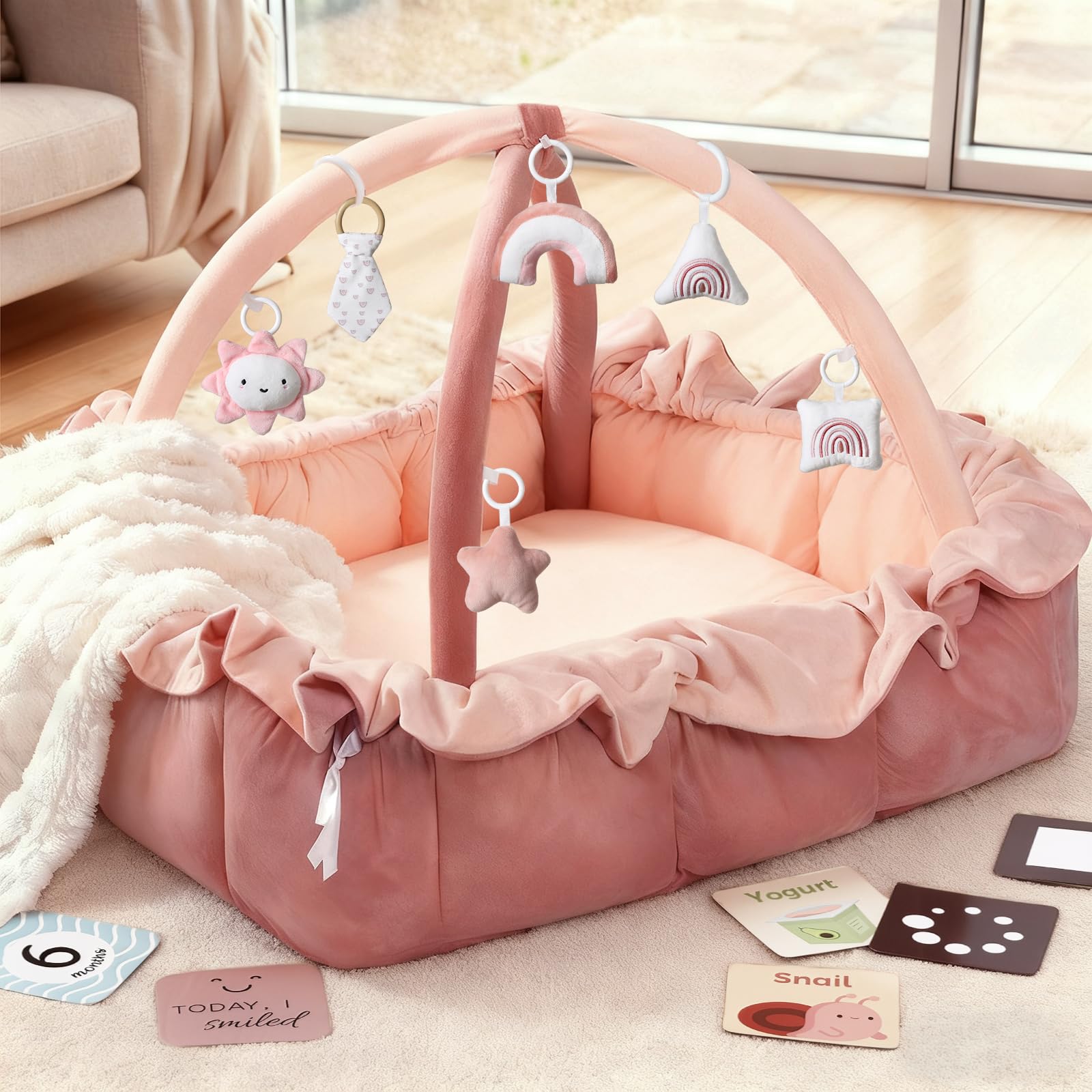 Mallify 5-in-1 Thick Plush Baby Play Gym Mat, Tummy Time Mat with 6 Sensory Toys, Baby Play Mat, Convertible Baby Gym for Stage-Based Development from Babies to Toddlers, Baby Essentials Gift, Pink — Amazon image 9