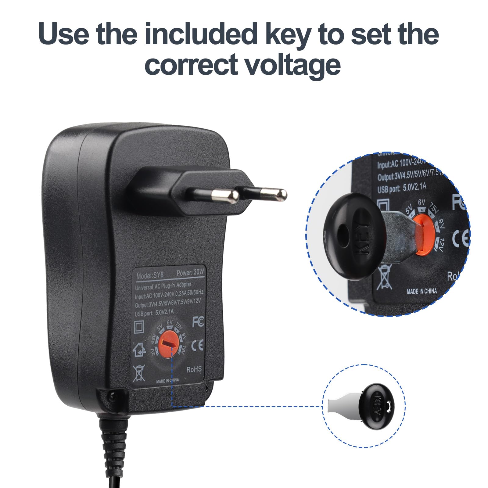 Adattatore AC da 30 W, 2 A, trasformatore con 9 inserti selezionabili per 3 V, 4,5 V, 5 V, 6 V, 7,5 V, 9 V, 12 V