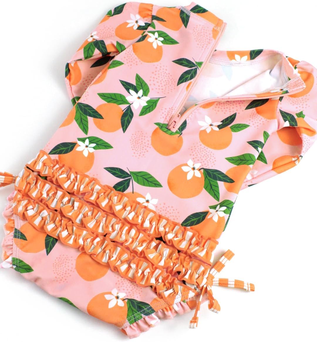 RuffleButts Baby Girls UPF 50+ Sun Protection Novelty Print Long Sleeve One Piece Rash Guard Swimsuit with Zipper - Image 6