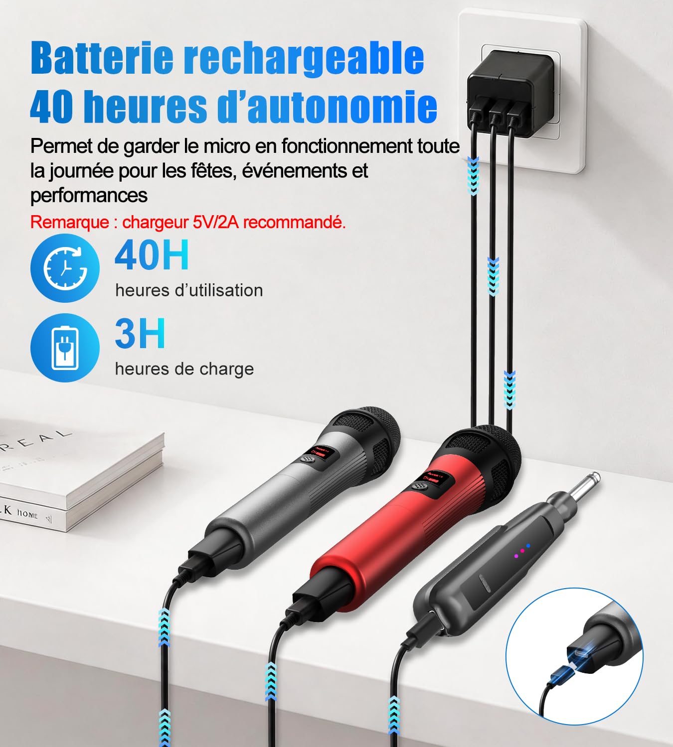 Aveek Set de 2 Micros Sans Fil – Portée 80m, Autonomie 40h, Rouge & Noir