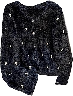 [ＪＩＹＵＴＯＲ] ニットカーディガン ファーコート パール付き レディース もこもこ シャギー フェイザー Vネック ボタン付き ゆったり ルーズ風 フォーマル 結婚式 ニットセーター