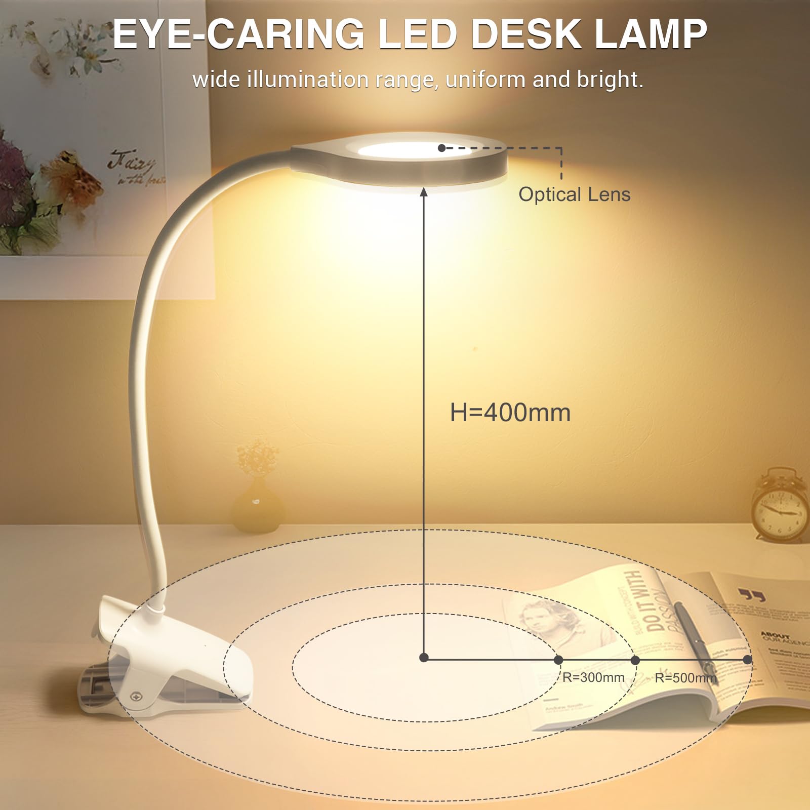 Akynite 36 LED Lampe de Lecture Rechargeable avec Pince, 5 Couleur et 5 Intensité, Lumière de Lit, Lampe Pince Tactile & Dimmable pour Enfants, Blanche