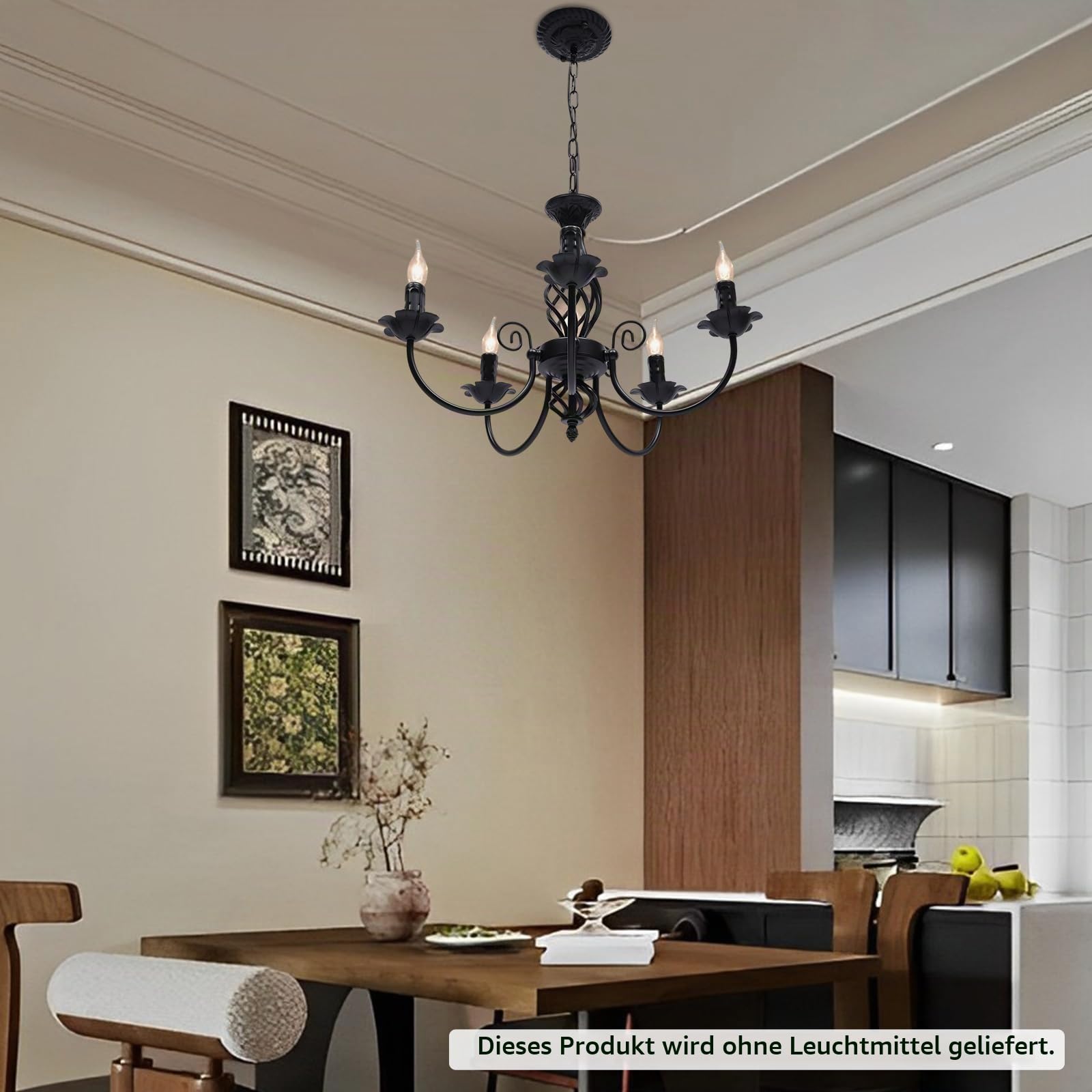 Kronleuchter Klassischer Kerzen Retro Eisen für Wohnzimmer Schlafzimmer Küche Schwarz 5 Armig Pendelleuchte E14 Innenbeleuchtung