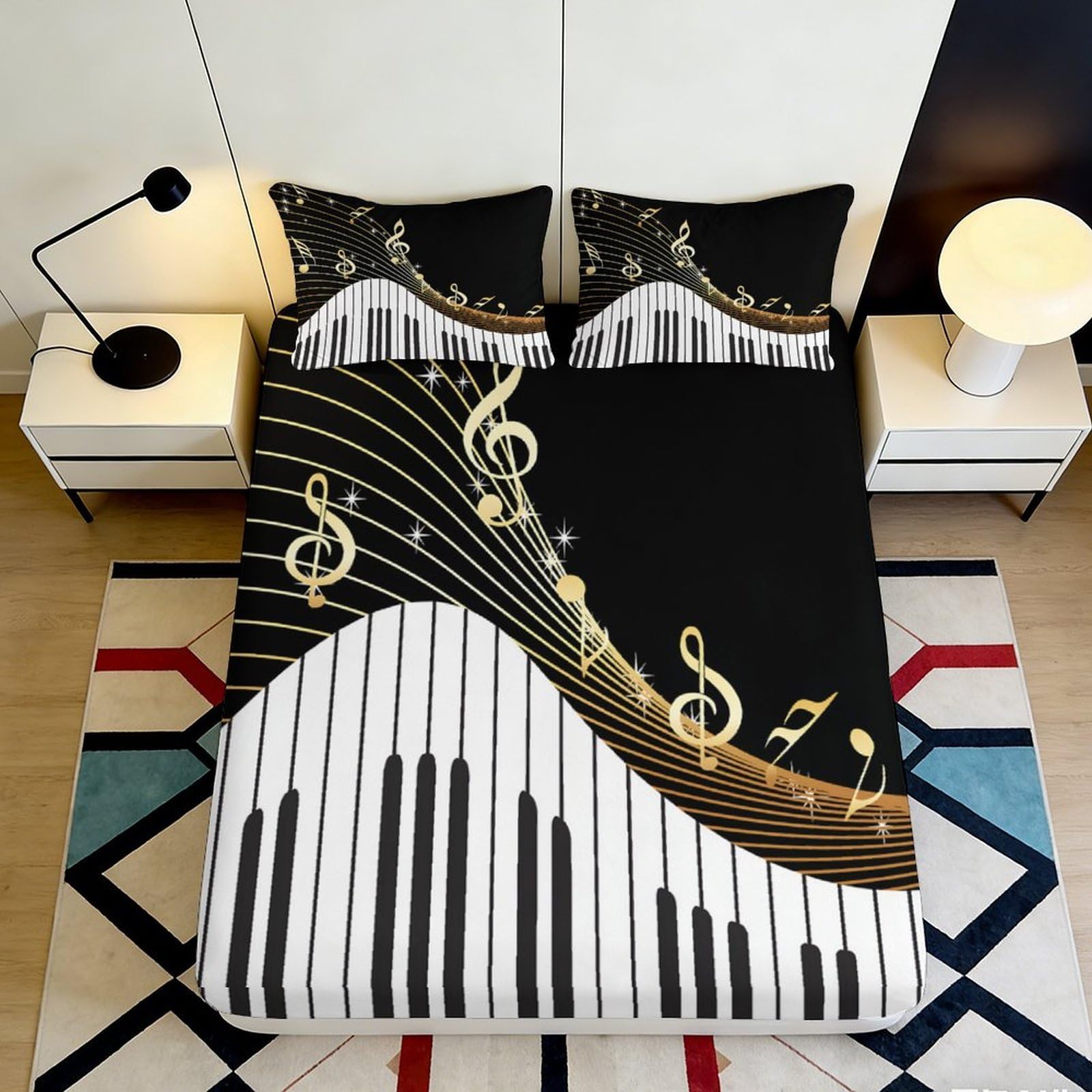 3D Printed Music Notes Fitted Sheet Microfiber Soft Black Gold Piano Keys Mattress Cover for Bedroom Guest Room 90x200x25cm