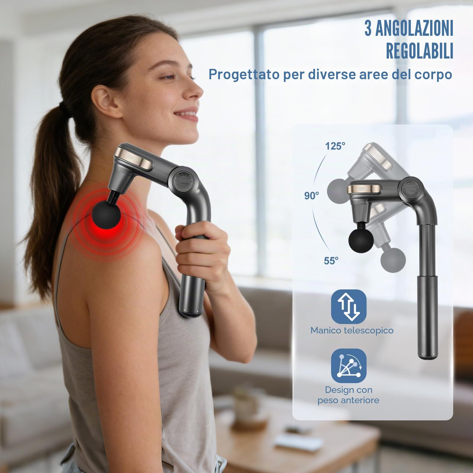 Pistola Massaggiante per Tessuti Profondi – 3 Angolazioni Regolabili, 4 Accessori, 5 Velocità – Massaggiatore Muscolare Portatile (2800 RPM) per Casa, Palestra e Rilassamento Muscolare