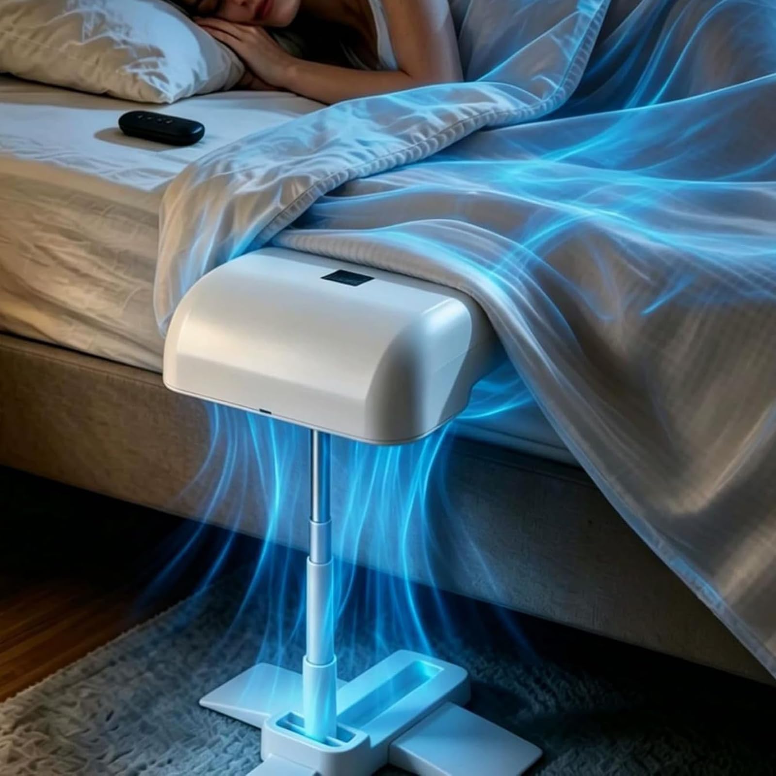Ventilatore per Letto, Sistema Sotto le Lenzuola con Telecomando | 5 Velocità, Timer 1–6 Ore, Altezza 22–53 cm e Raffreddamento Silenzioso su un Lato per Chi Soffre il Caldo e Suda di Notte