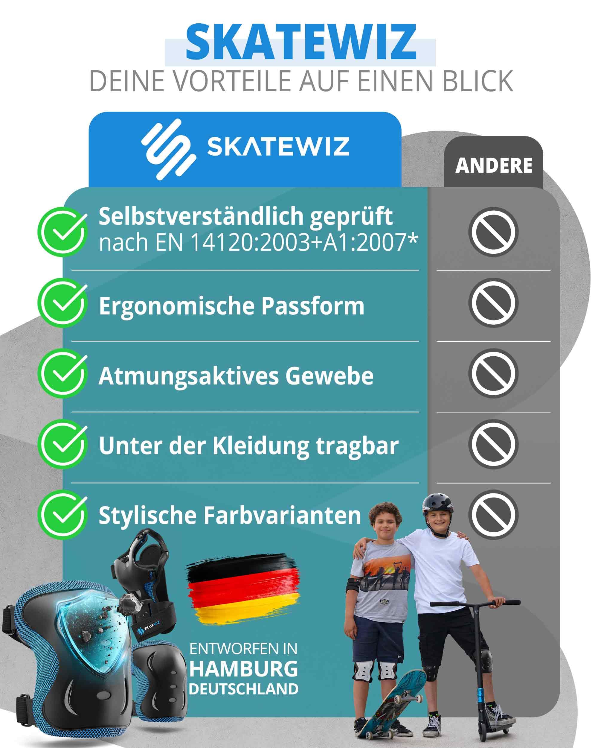 SKATEWIZ Skate Protektoren Set - Für Kinder, Jugendliche und Erwachsene von Deutschem Hersteller [6er] mit Knieschoner, Ellenbogenschoner und Handgelenkschoner