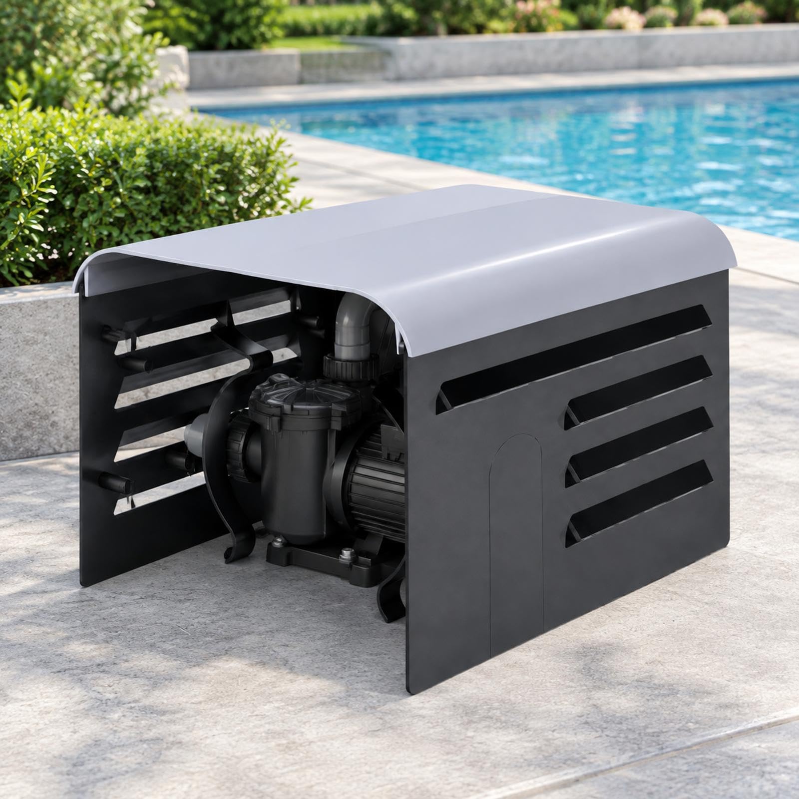 Cubierta para equipo de piscina con diseño abierto y canales de aire
