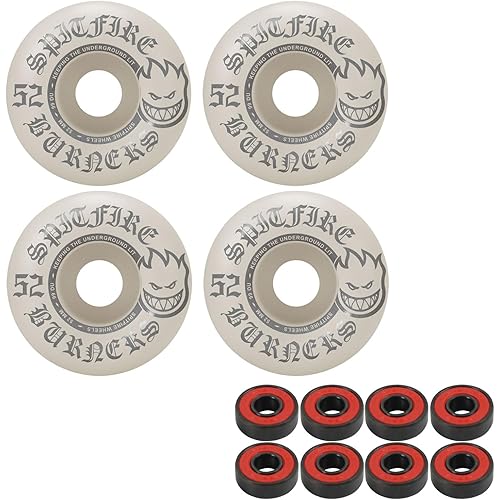 Spitfire Skateboard Wheels Burners 52mm 99A White/Silver with ABEC 5 Bearings