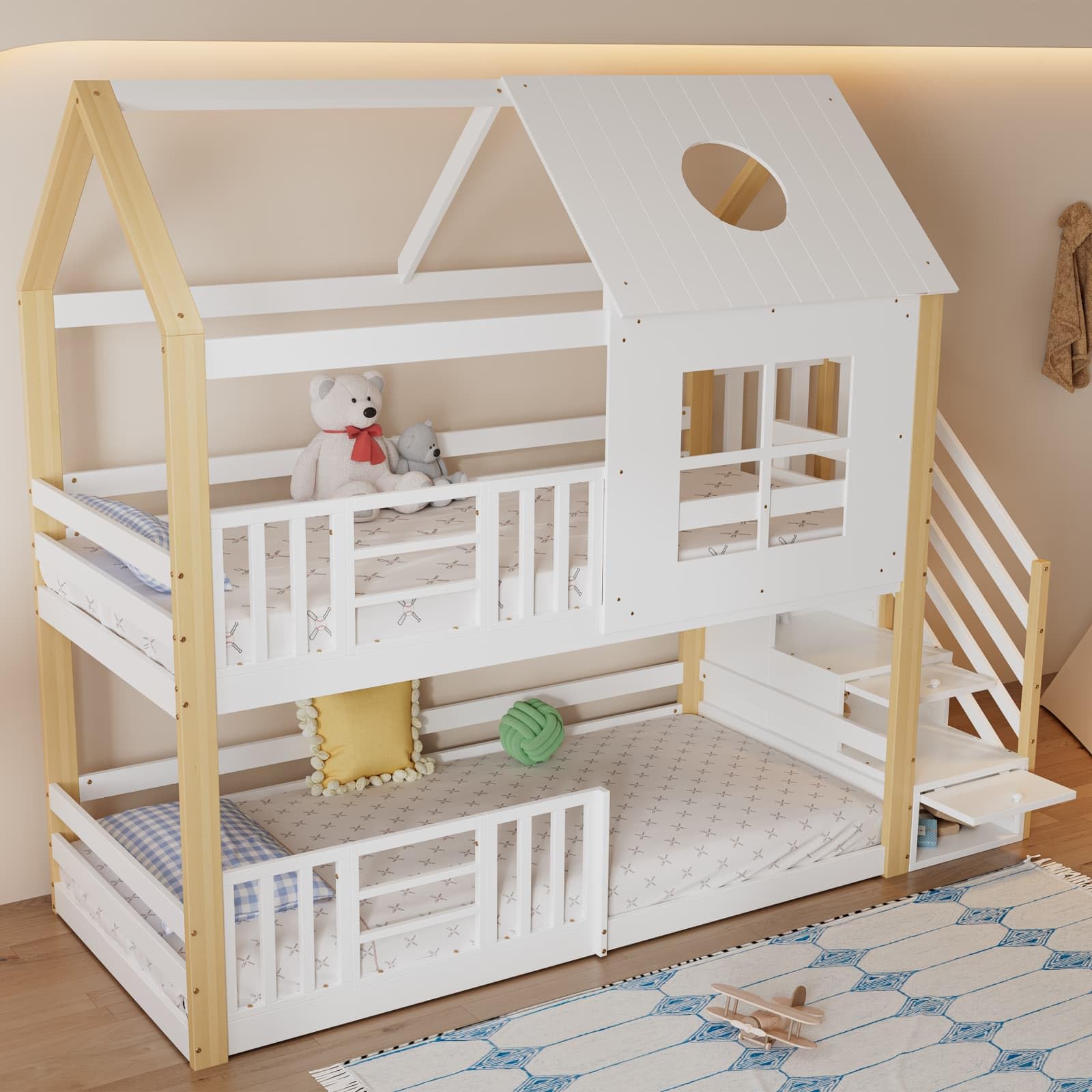 KOMHTOM Lit Superposé en Bois avec 3 échelles de Rangement et Sommier à Lattes, Lit Enfant 90x200cm Garde-Corps et Toits, Cadre de lit Moderne (sans Matelas) (Blanc-A)