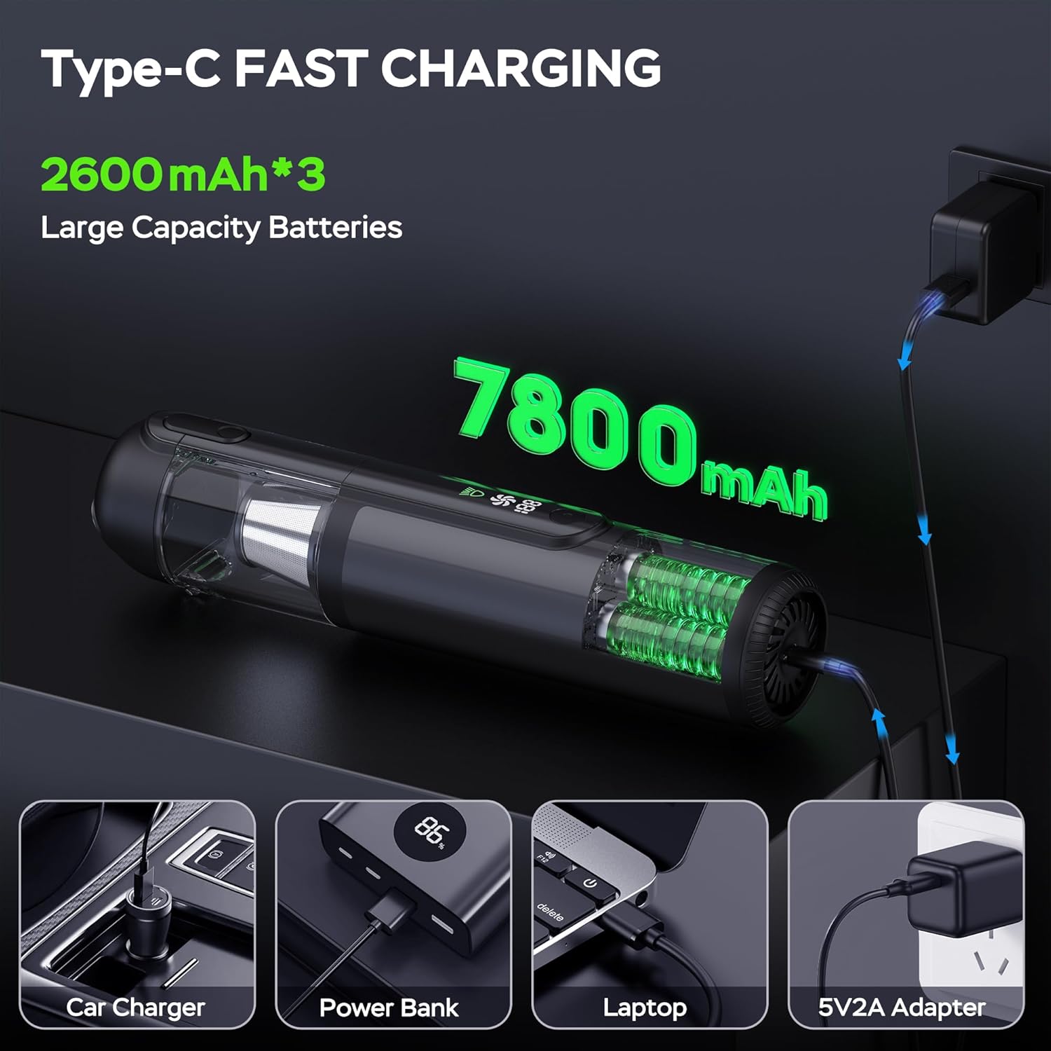 Car Vacuum Cleaner, 18000Pa Cordless Handheld, 120W Brushless Motor, 7800mAh Battery, LED Light, 4-in-1 Vacuum & Air Duster, Gray