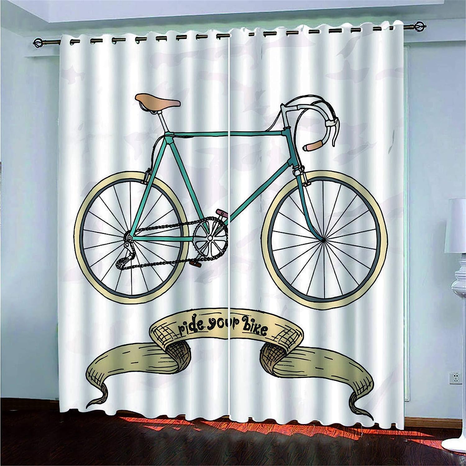 Bike Retro3D Digital Printing Polyester Fiber Curtains, Garden Living Room Kitchen Bedroom Blackout Curtains, Perforated Curtains 2 Piece Set/Uv Pro