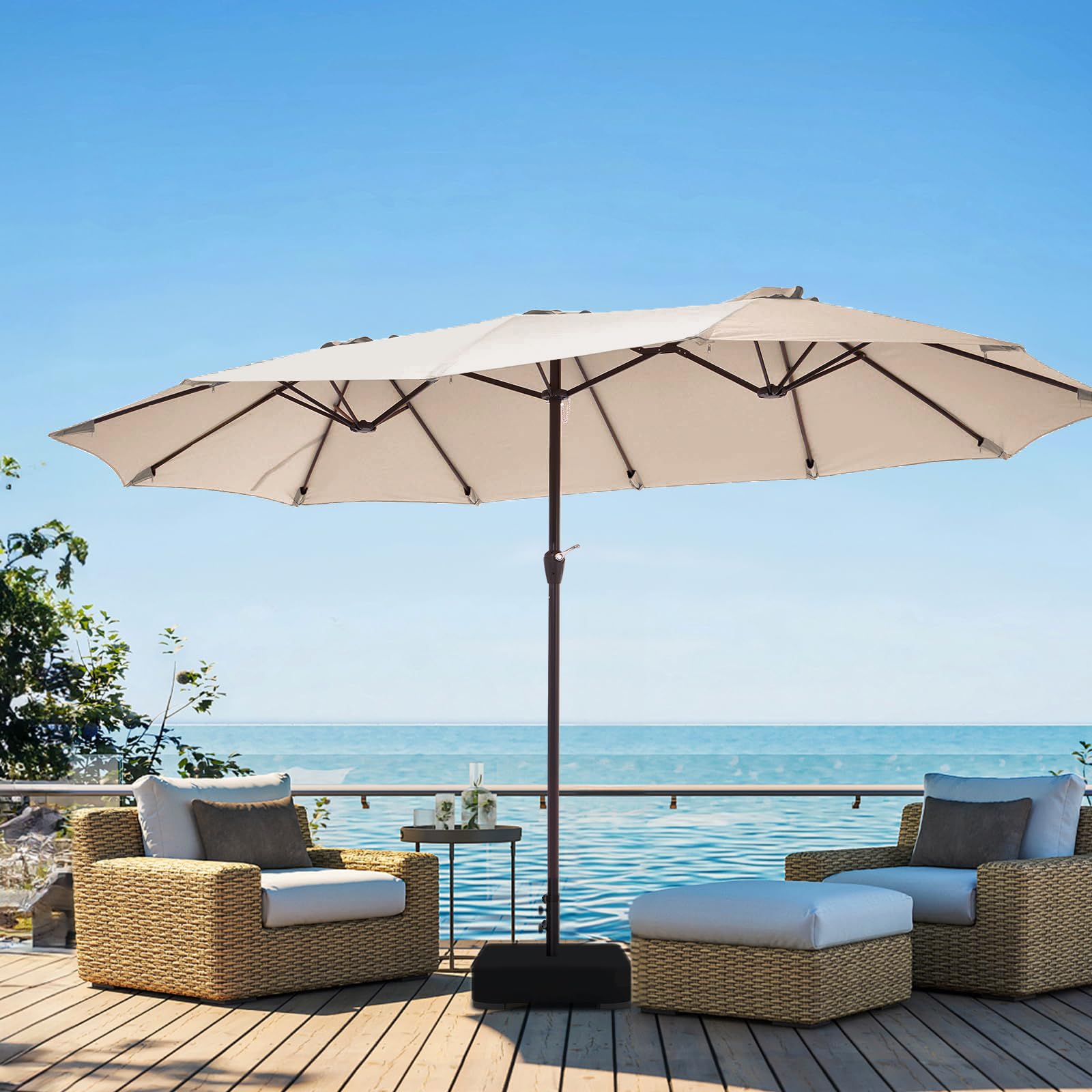Photo 1 of JEAREY 15ft Large Patio Umbrella with Base, Outdoor Rectangle Umbrella Double-Sided Market Umbrella with Stand for Pool, Deck, Backyard and Garden, Beige