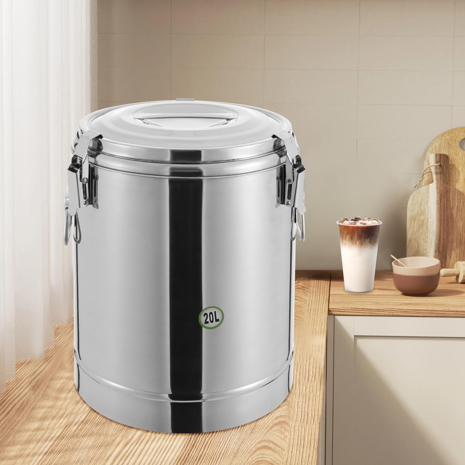 Contenitore termico da 20 l, in acciaio inox, con coperchio e maniglie, secchio isolato professionale per mense scolastiche, hotel, ristoranti