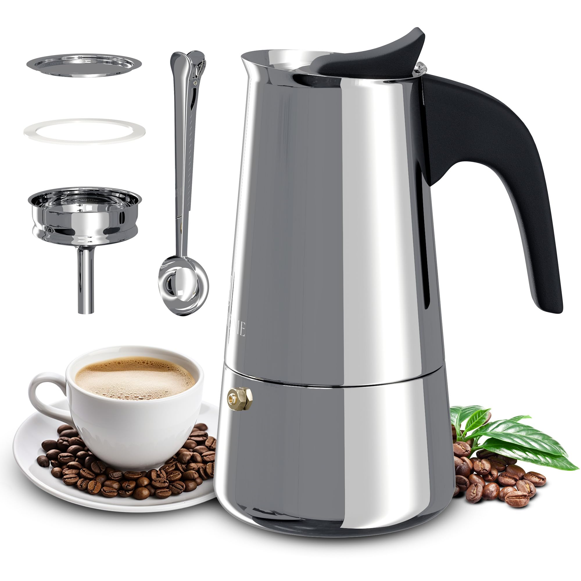 Set de Café Premium: Cafetera Italiana 6 Tazas - Compatible con Inducción, Vitrocerámica y Gas | Cafetera Italiana Induccion | Cafetera Induccion Acero Inoxidable | Cafetera para Induccion