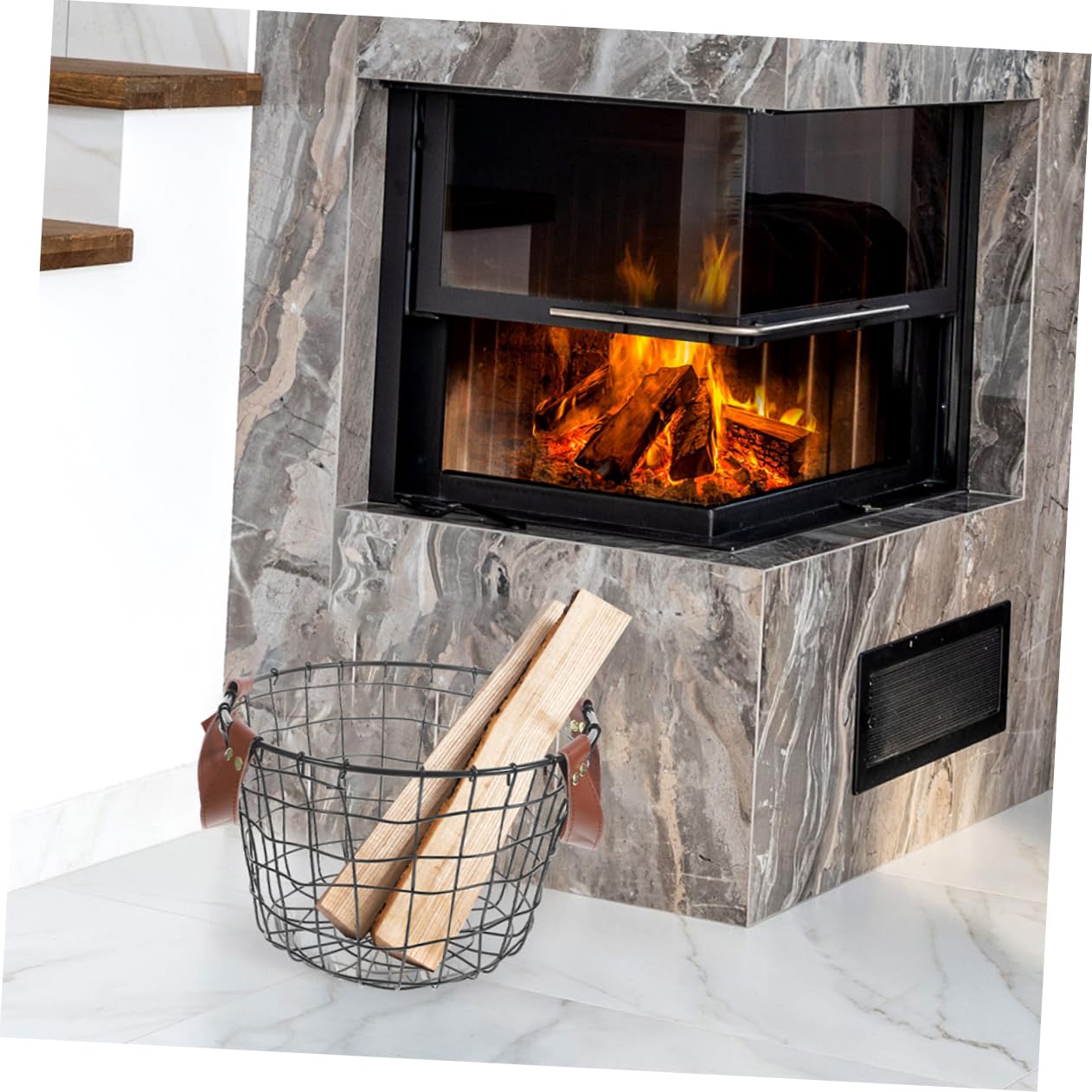 Gran Capacidad 2 Cestas de Hierro para Leña con Asa Plegable y Diseño Resistente Negro Organizador para Chimenea y Camping