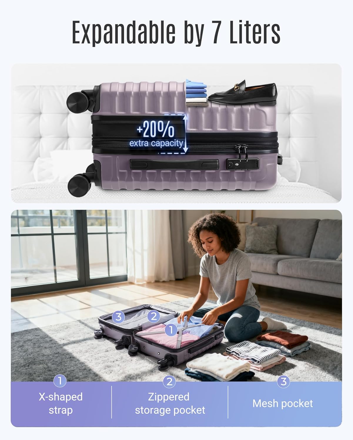 LIGHT FLIGHT Luggage Sets, Carry On Luggage 22x14x9 Airline Approved, Carry On Travel Bag Suitcases with Wheels, Expandable Hardside Lightweight Rolling with TSA Lock 2-Piece Set (DB/20),Rose Purple - Image 5