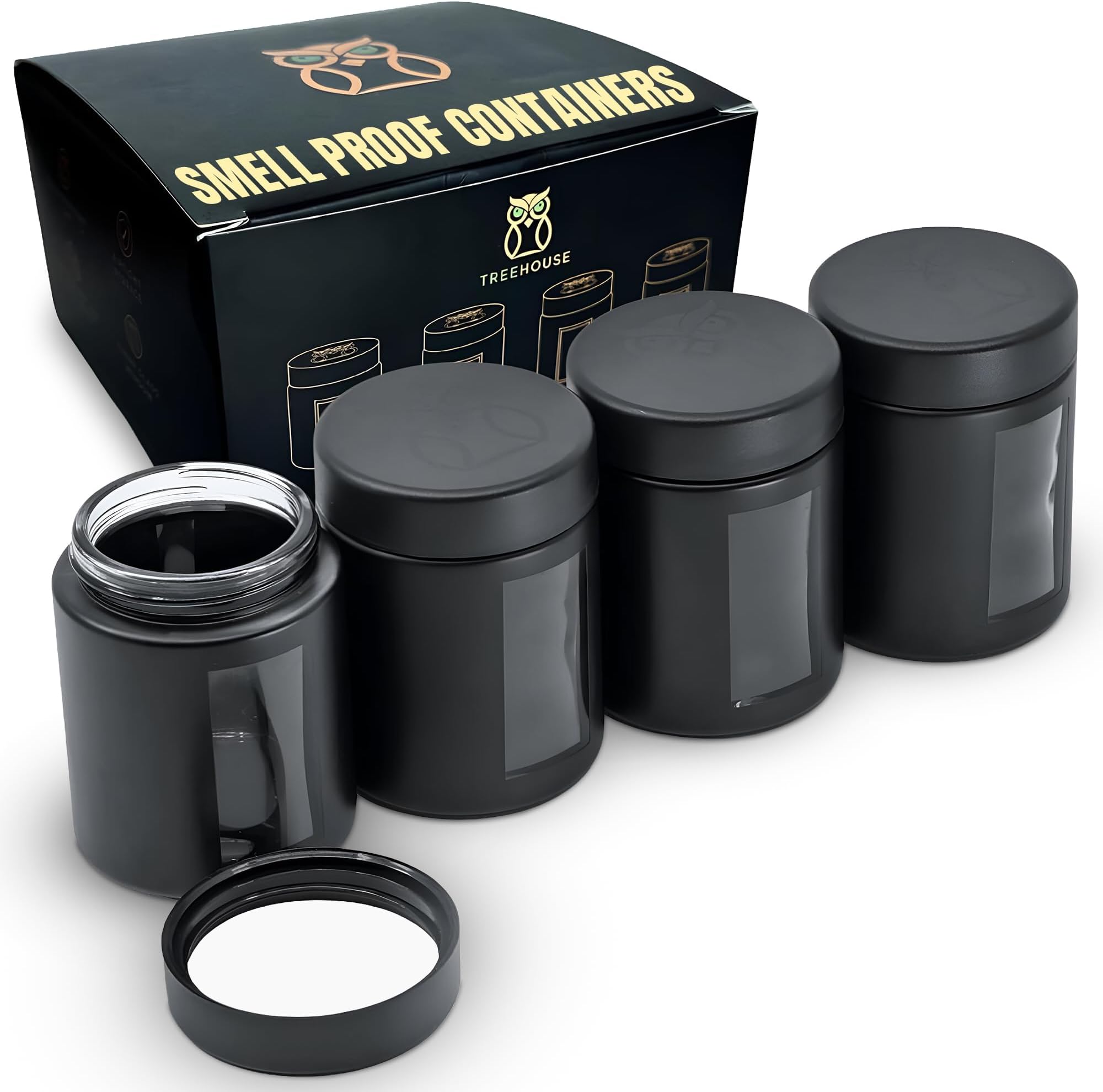 Stash Jar Odor Resistant Containers (4 oz) Viewing Jars for Herbs, Spices, Coffee, Tea & More; Airtight Jars, Thick UV Protection Glass, Odor Resistant Herb Storage (Set of 4) (Matte Black)