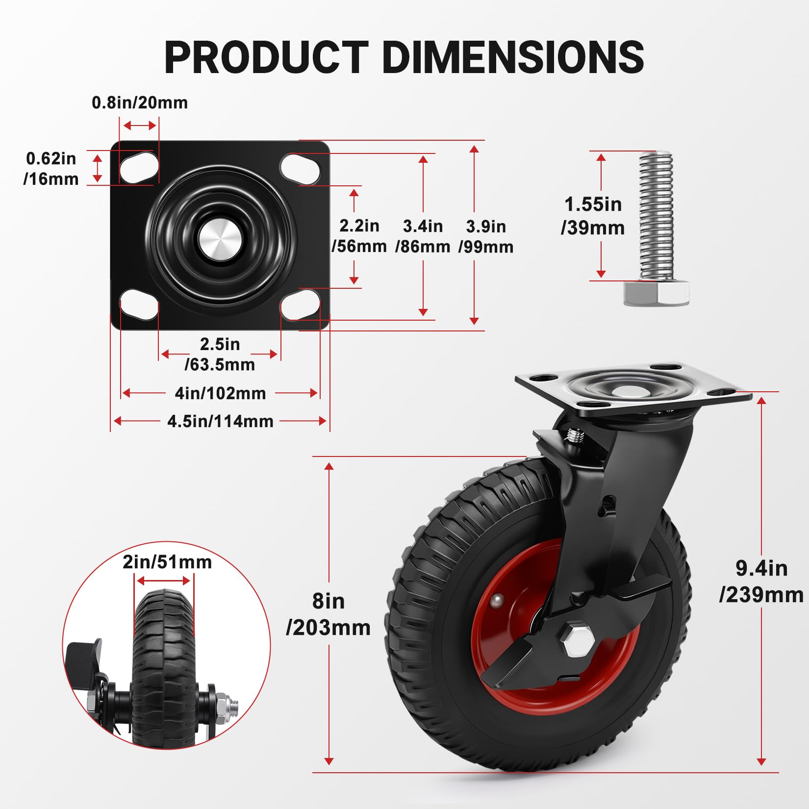 Humagineer200mm Industriestufe Schwerlastrollen Set - 2 Lenkrollen mit Bremse & 2 Festrollen - Tragkraft 1000kg, Vollgummi mit Kugellager - für schwere Maschinen, Industrie-Anlagen und Logistik