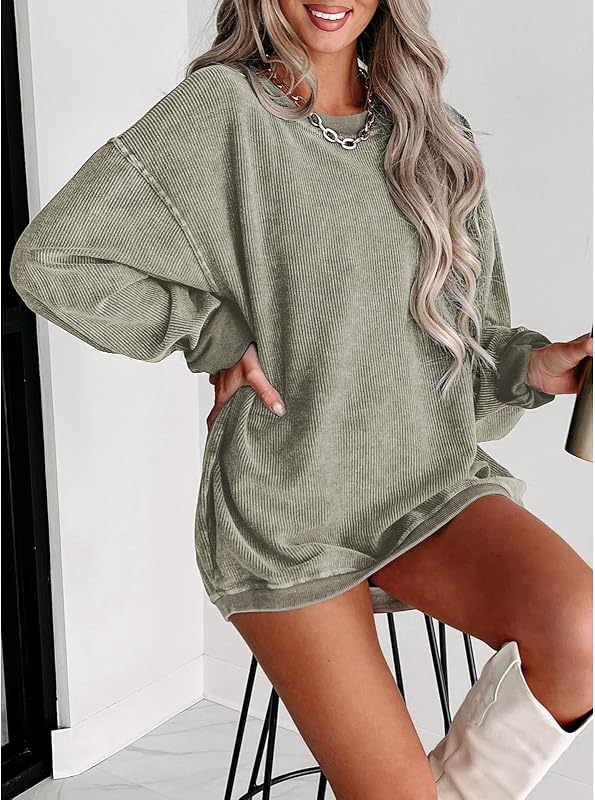 SELINK Womens Crewneck Oversized Corduroy Corded Sweatshirt Casual Pullover image 3