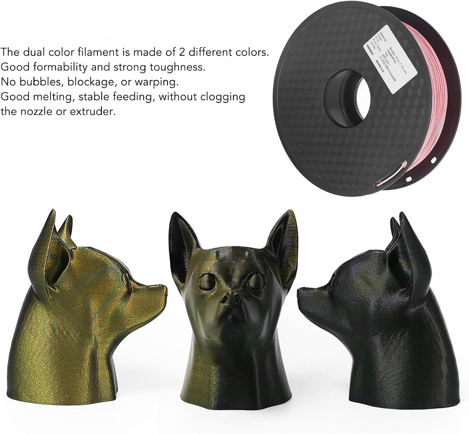 1.75mm Red White Dual Color PLA Filament, High Tenacity 3D Printer Consumable, Bubble Effortless Material for Smooth Printing