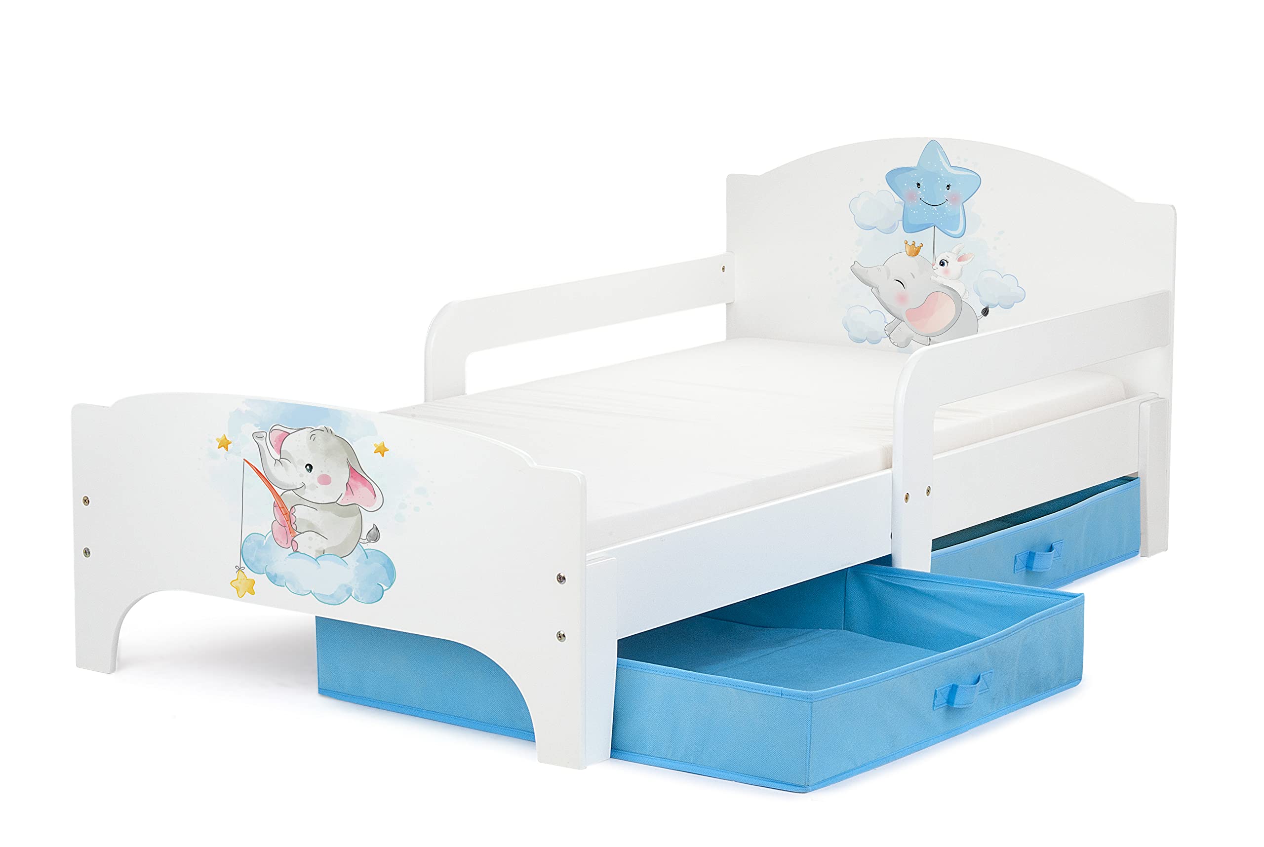 Leomark SMART Einzelbett aus Holz - Baby Elephant - Kinderbett mit Schubladen für Bettwäsche mit Matratze, Stauraum, Rausfallschutz Lattenrost, Liegefläche 140 x 70 cm