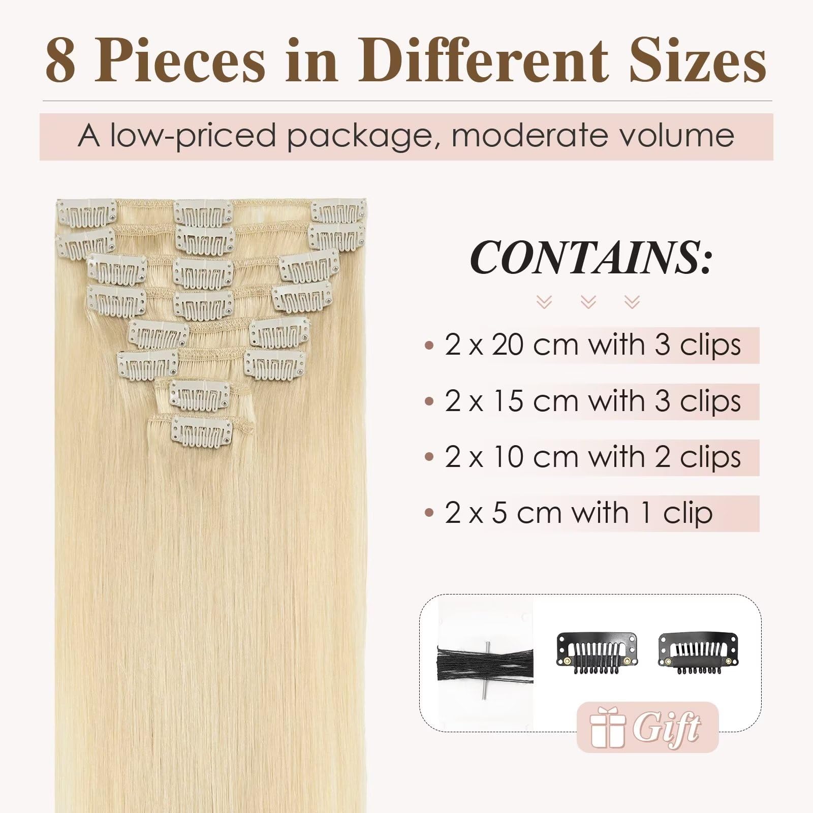 TESS Clip in Extensions Echthaar, 8pcs Clip in Haarverlängerung Remy Echt Haare Natürliche 18 Clips 8 Tressen Clip in Extensions Human Hair 75g 55 cm Lichtblond