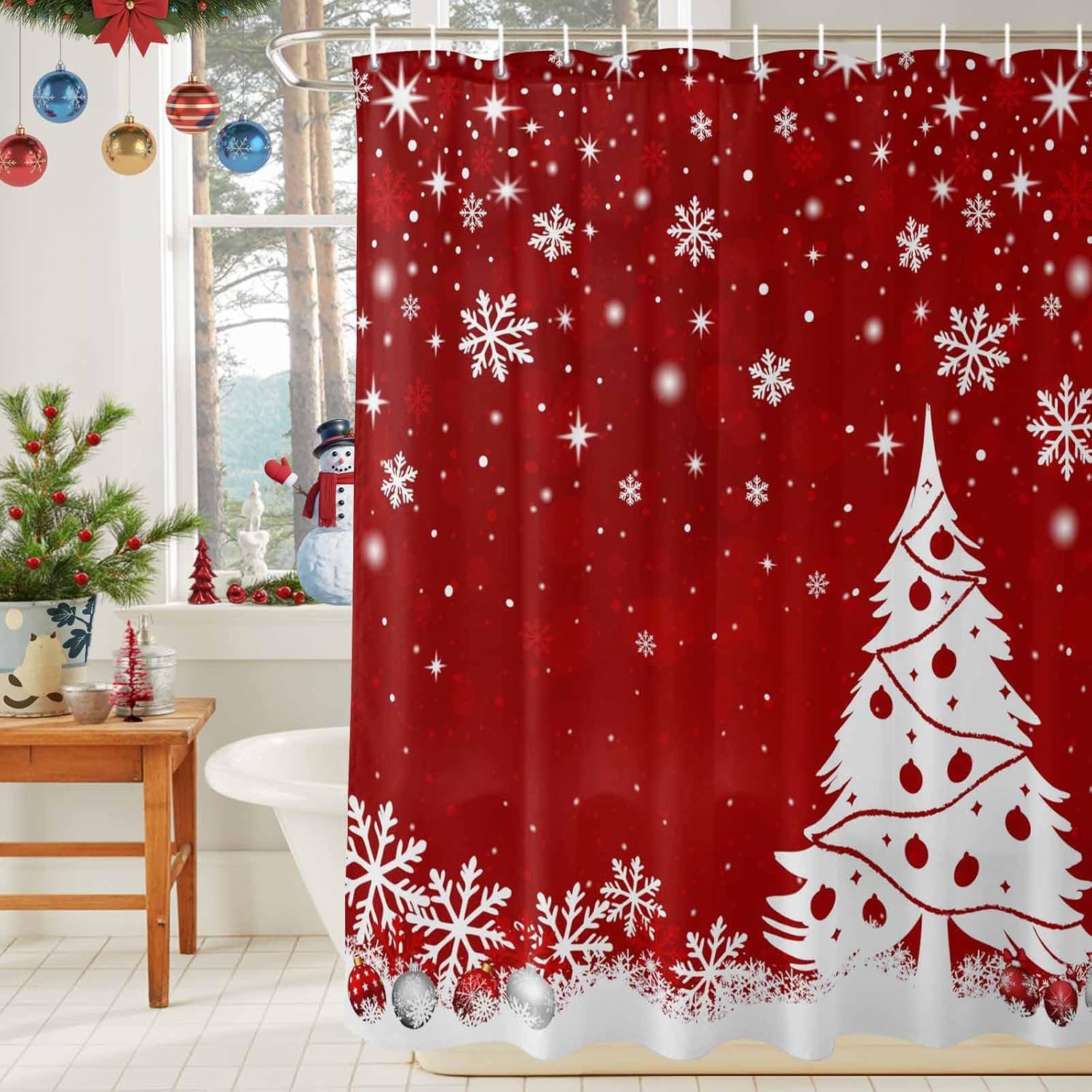 Red Christmas Shower Curtains Set with Hooks - 72 x 72 Inch, Red Xmas Tree Waterproof Standard Bath Curtains, Winter Snowflake Merry Christmas Privacy Curtain Panel Bathroom Accessories for Bathtub