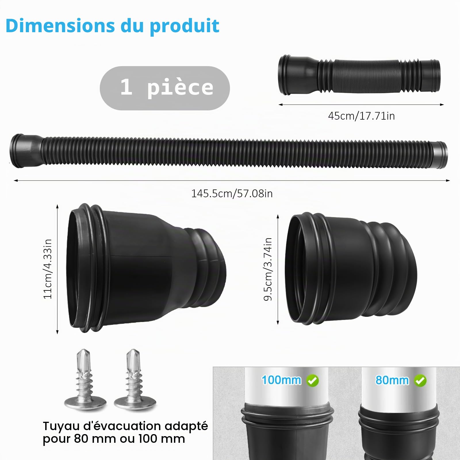 Bocguy Rallonge Gouttière Flexible, Kit d'extension de gouttière, Ensemble D'Extension Ronde Pour Descente De 80/100 mm, Kit D'Extension De Tuyau De Pluie, Extension De Descente De 47 à 150 cm