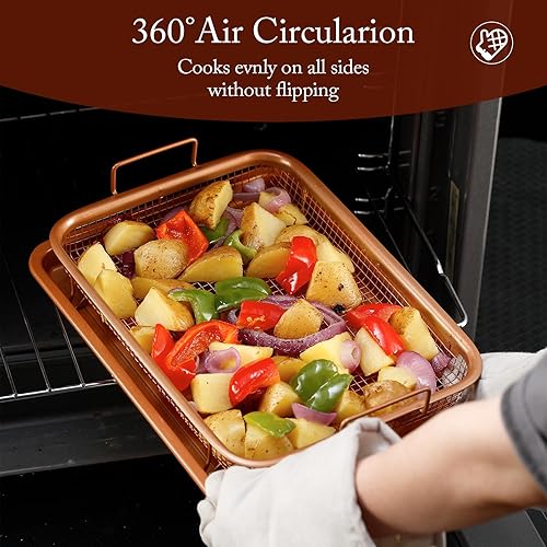 Miniatura 3 de SKITCHN Cesta para freidora de aire para horno, juego de canasta y bandeja, bandeja antiadherente para freidora de aire (13 x 9.5 pulgadas, cobre)