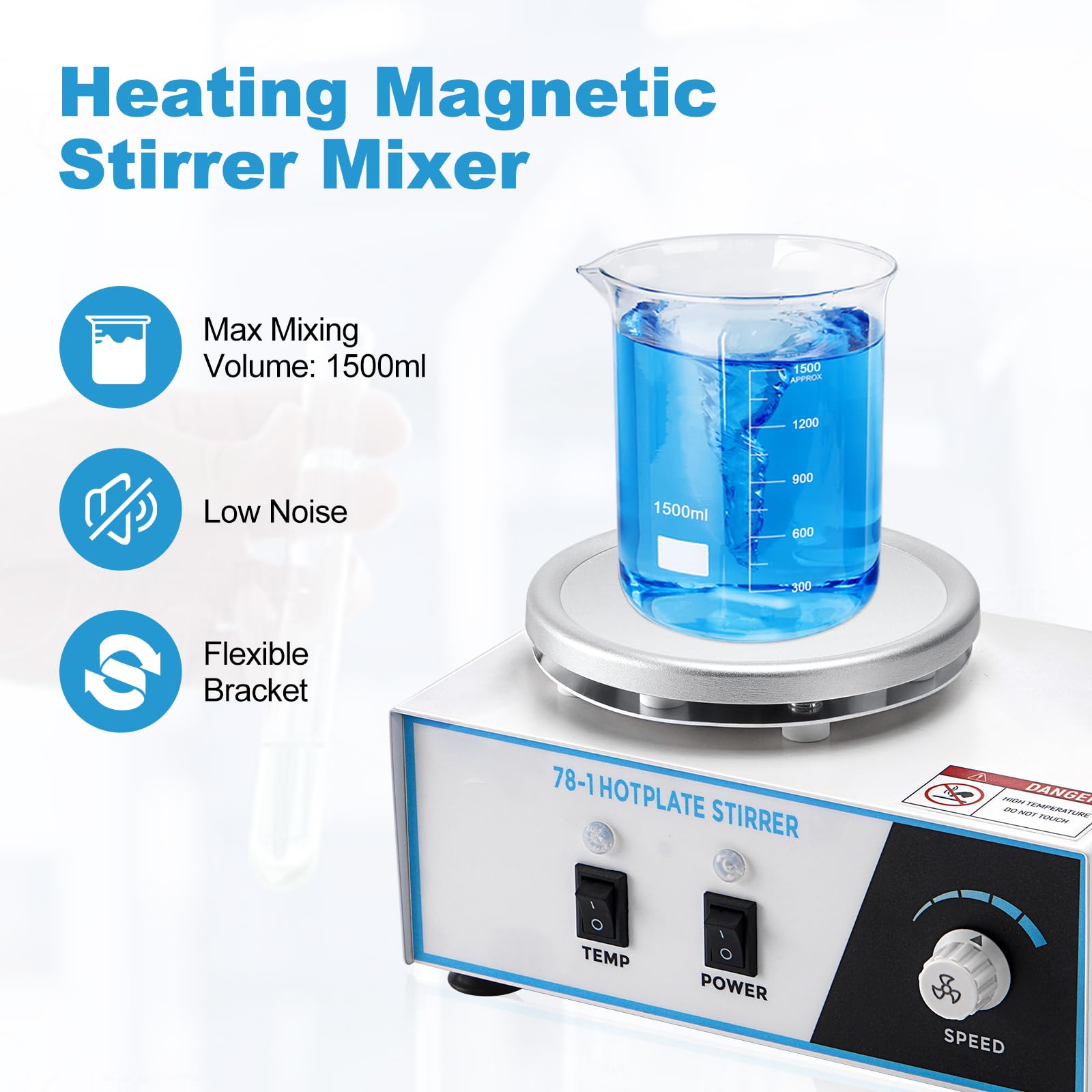 Agitatore magnetico con piastra riscaldante da 1,5L, 100-2600 giri/min, 280°C, 120mm con sensore PT1000, supporto pieghevole, agitatore magnetico con piastra riscaldante, miscelatore