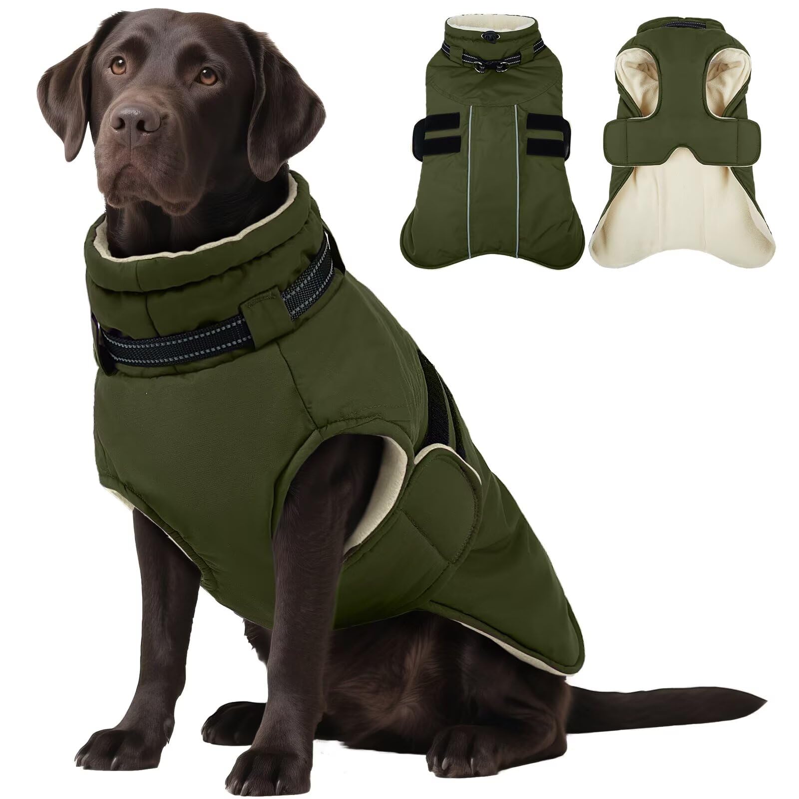 IECOii Abrigo impermeable para perro, chaqueta de invierno cálida para perro, abrigo de invierno de forro polar reflectante de Navidad con agujero para arnés, chaqueta de nieve ajustable para perros