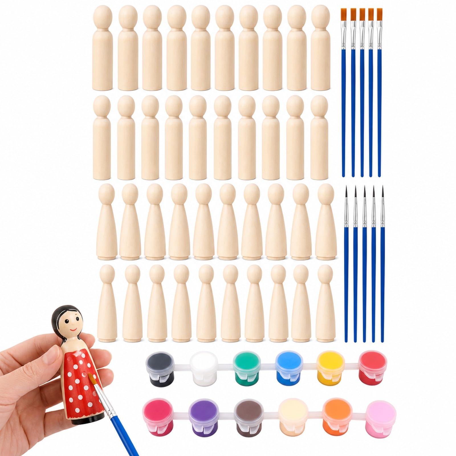 CLPKLQ 52-Piece Wooden Peg Dolls Kit, Boy and Girl Peg People with Paints