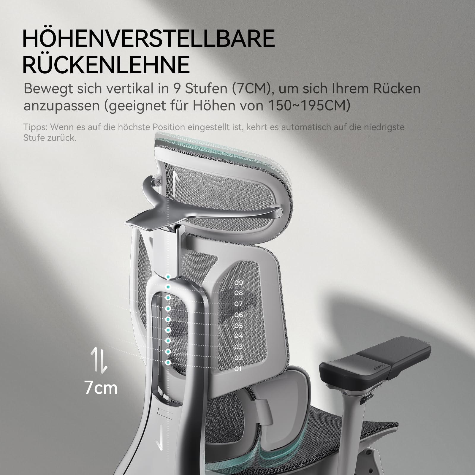 Hbada E3 Pro Ergonomischer Bürostuhl - 3-Zonen Lordosenstütze, 4D Kopfstütze, 6D Armlehnen, Schreibtischstuhl mit Fußstütze, Weiß
