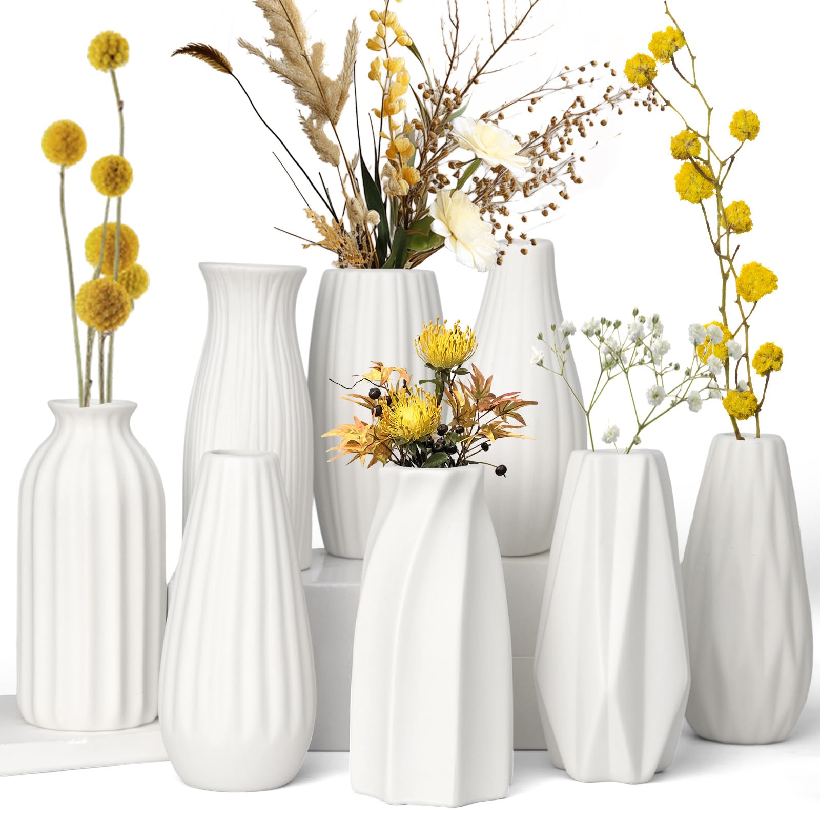 HengLiSam Juego de 8 jarrones de cerámica, pequeños jarrones decorativos blancos en estilo nórdico rústico moderno para flores y hierba de las pampas, diseño geométrico mini jarrón para decoración del