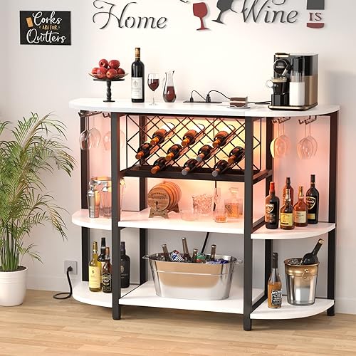Vista 30 de Unikito Mesa de estante para vino con enchufe y luz LED, gabinete de barra de piso para licor y vasos, mesa de bar de café de madera con estante