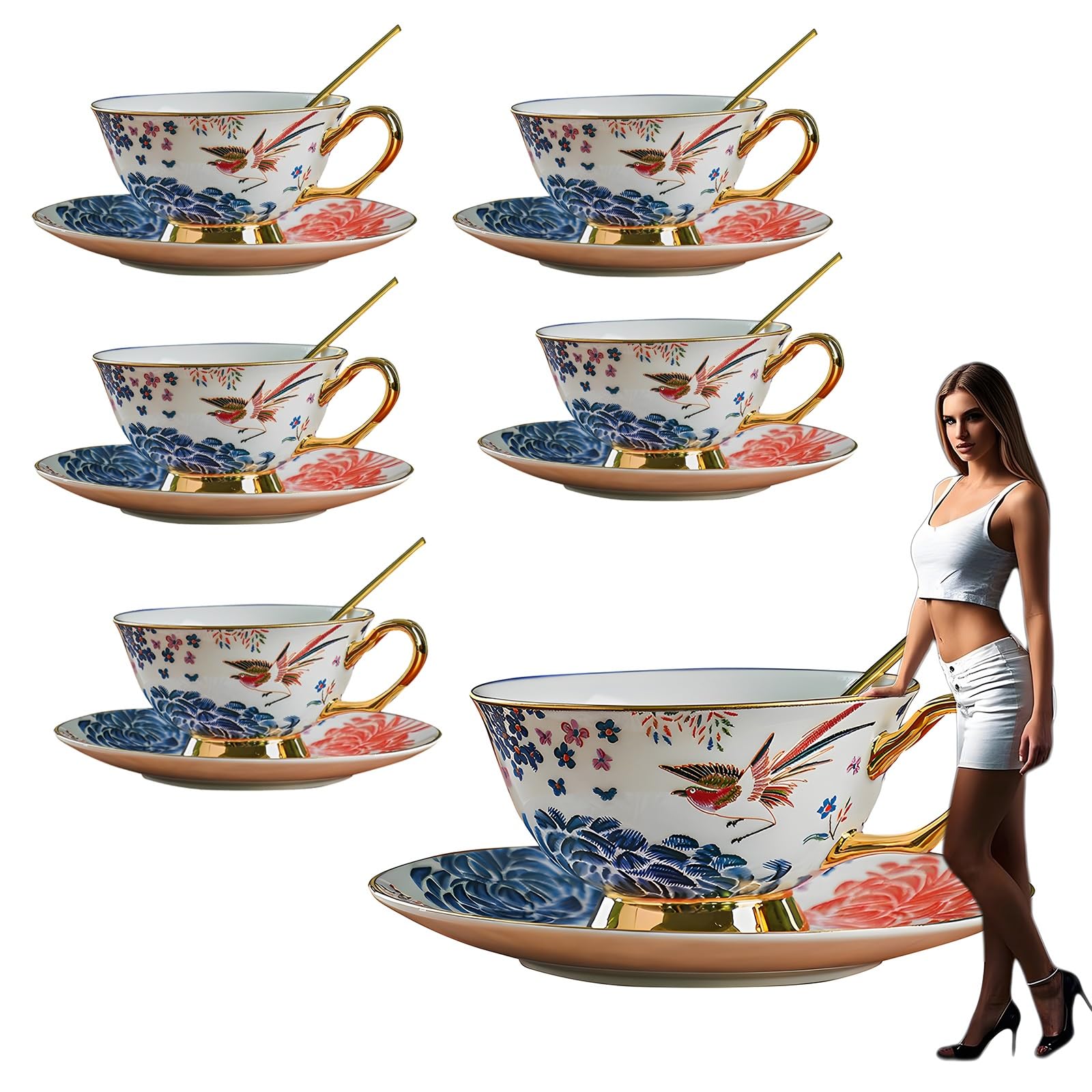 Zestaw spodków z europejskiej porcelany kostnej, ceramiczna filiżanka do herbaty i kawy, popołudniowa herbata, do domu, kuchni, biura (6 szt.)