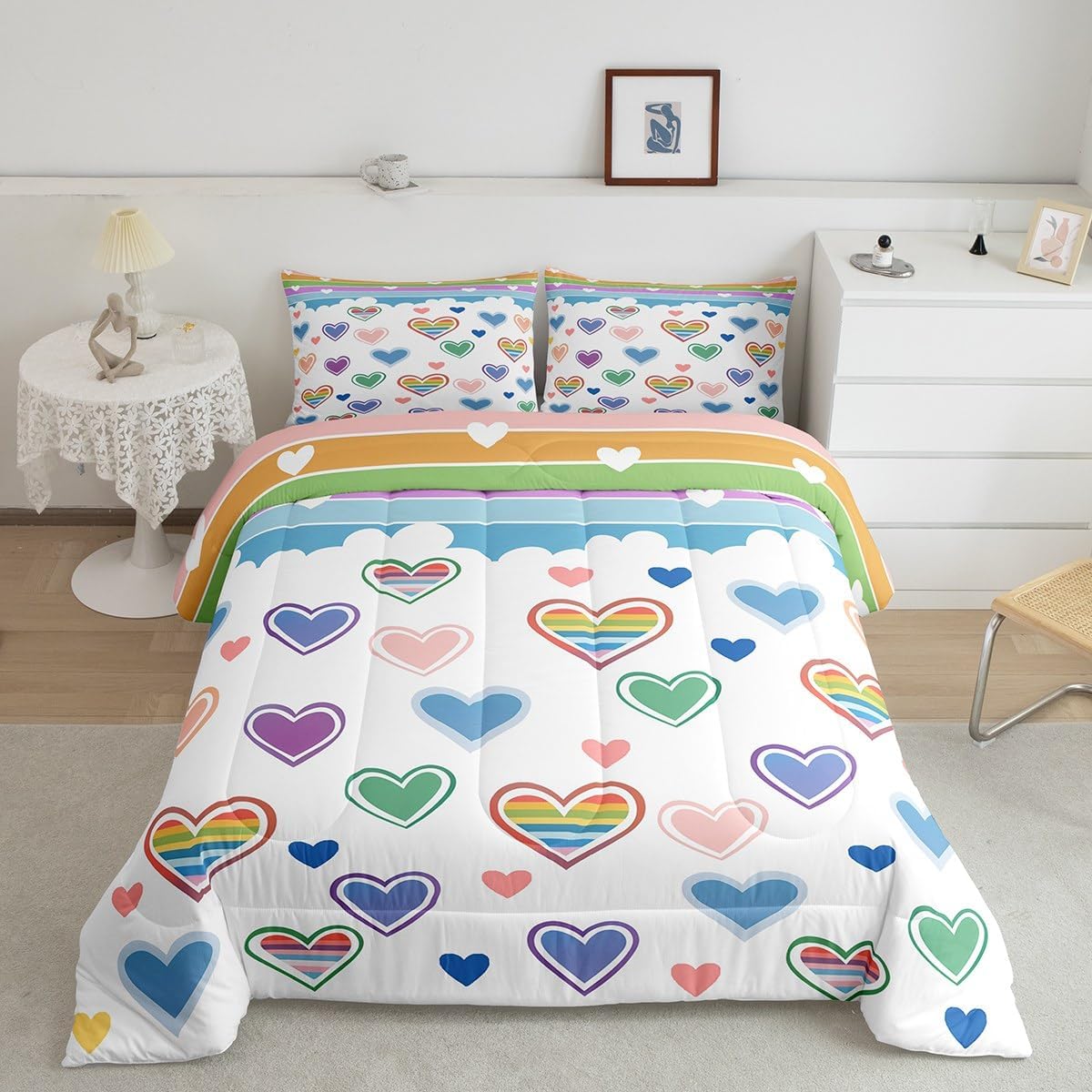 Heart Shaped Kids Comforter Set Queen Size,Rainbow Stripes White Cloud Reversible Bedding Set for Adult,Colorful Love Theme Cartoon Luxury Bed Duvet Insert,2 Pillowcases