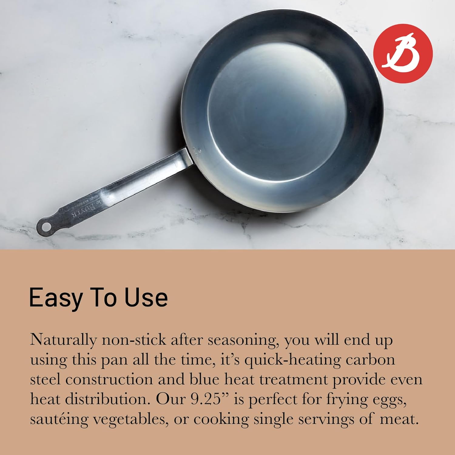 de Buyer - Blue Carbon Steel Fry Pan 2mm Thick - 9.5” Diameter, 6.9” Cooking Surface - Oven Safe - Naturally Non-Stick Finish - Made in France