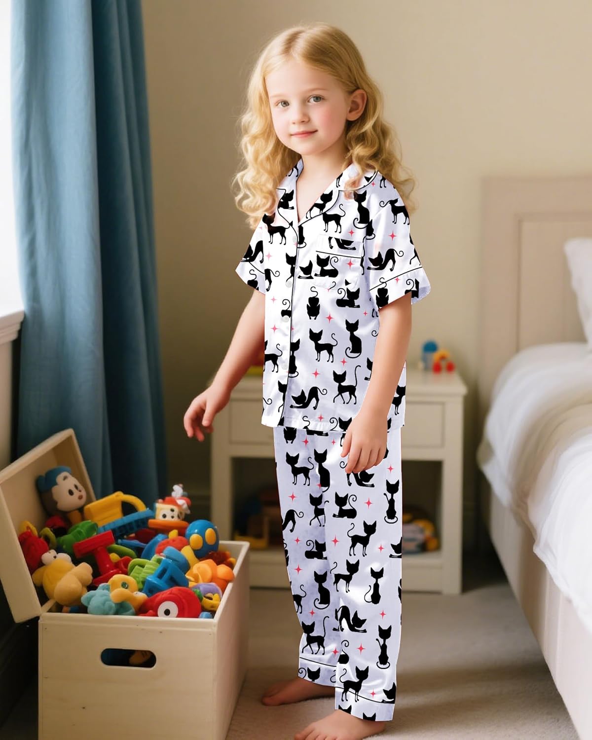 Nidoul Girls Pajamas Silky Short Sleeve Long Pants Cute Jammies Satin Sleepwear Pjs Set for Toddler Kids 3T-10Y - Image 5